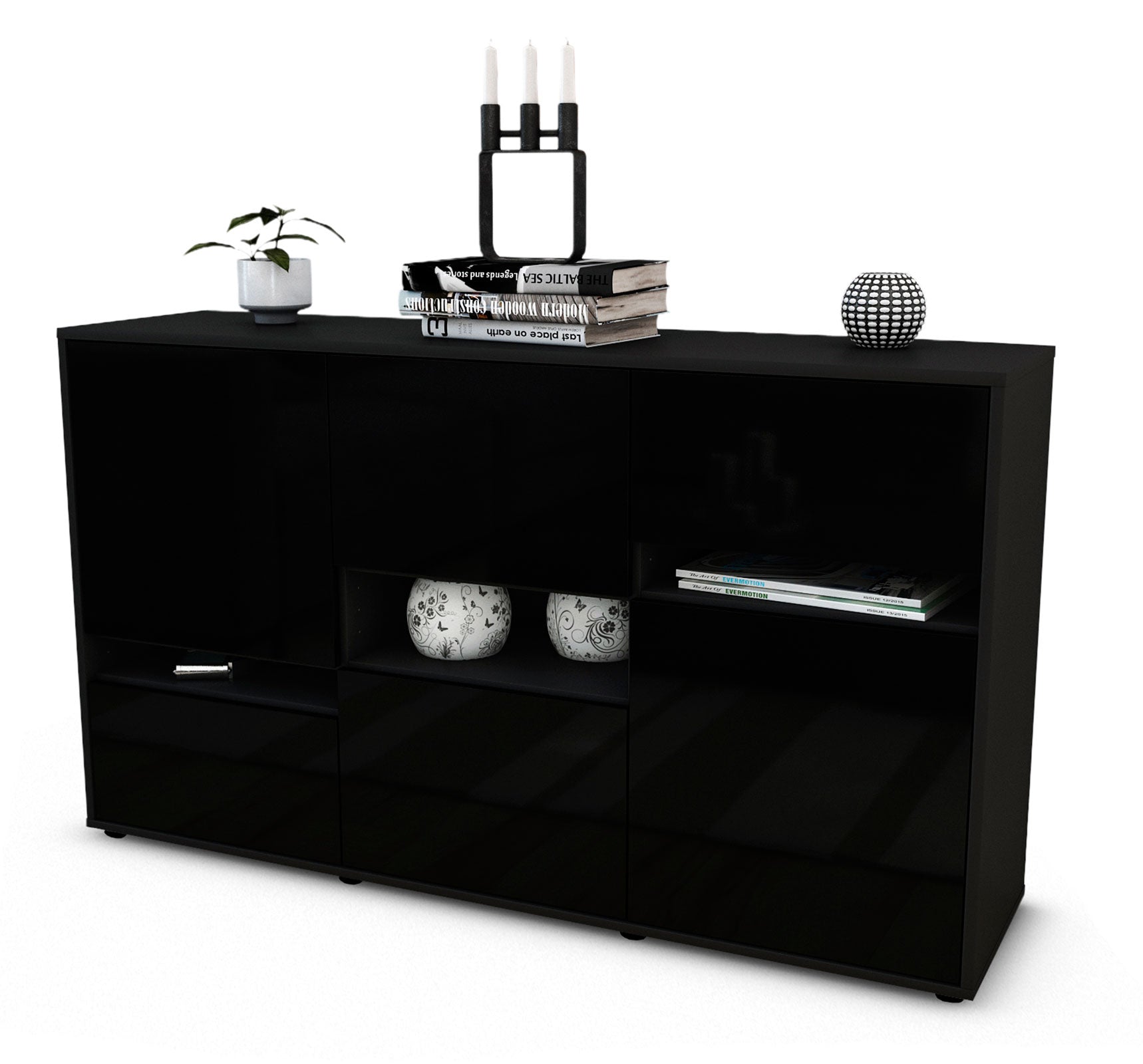 Sideboard - Egizia - Design Hochglanz - Freistehend mit Push to Open 136 cm Anthrazit