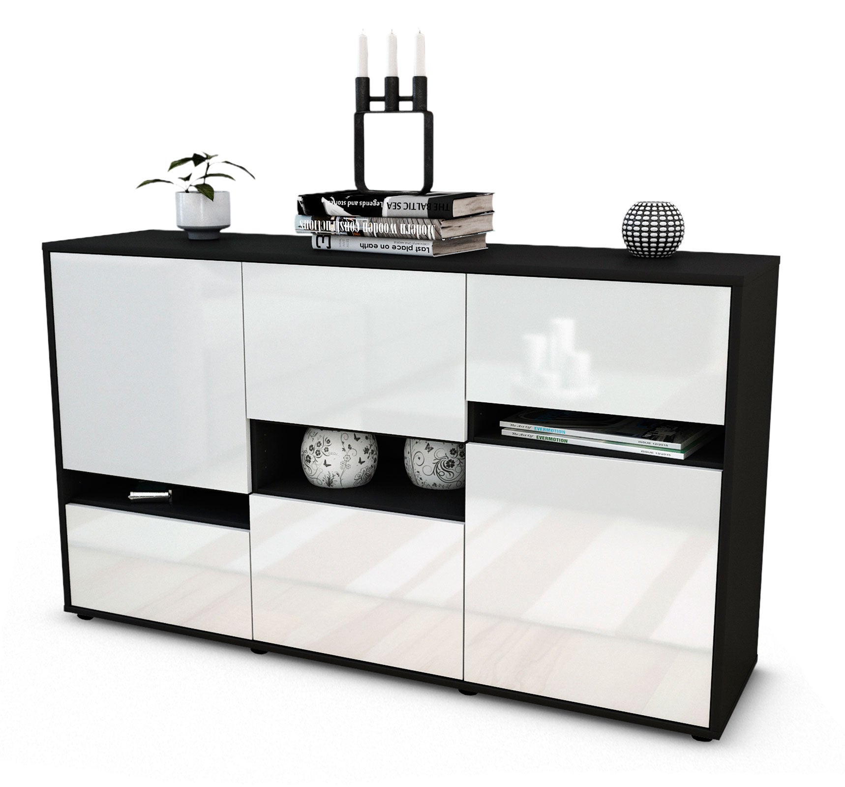 Sideboard - Egizia - Design Hochglanz - Freistehend mit Push to Open 136 cm Anthrazit