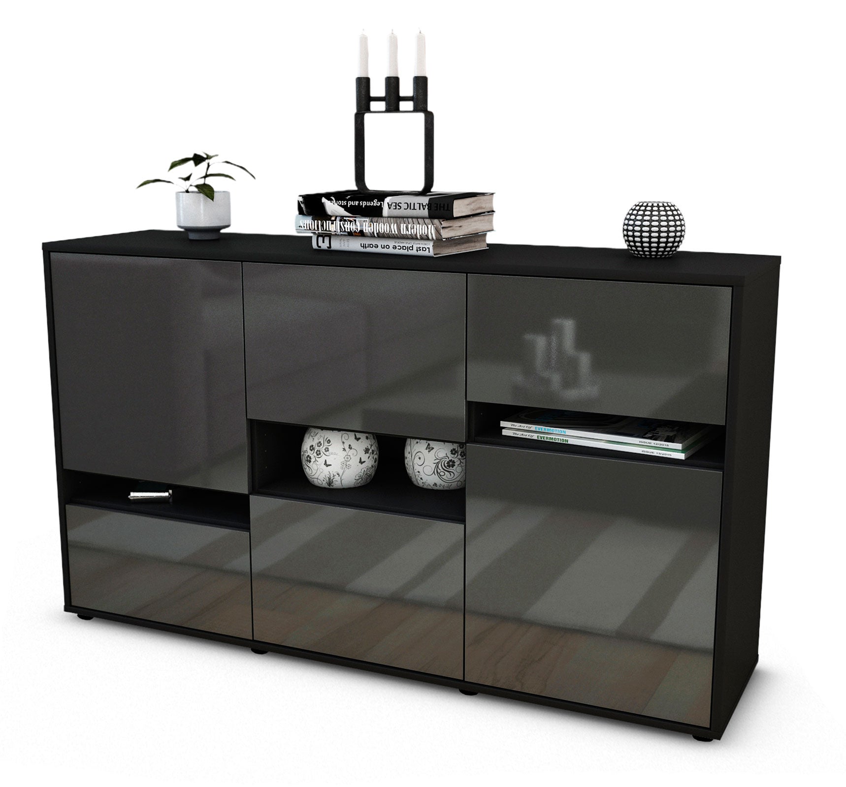 Sideboard - Egizia - Design Hochglanz - Freistehend mit Push to Open 136 cm Anthrazit