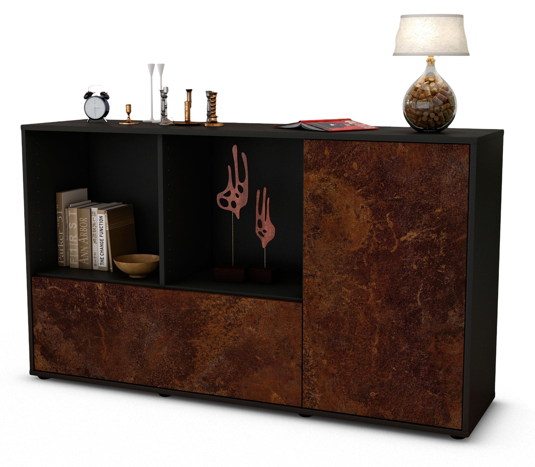 Sideboard - Ela - Design Industrie Stil - Freistehend mit Push to Open 136 cm Anthrazit