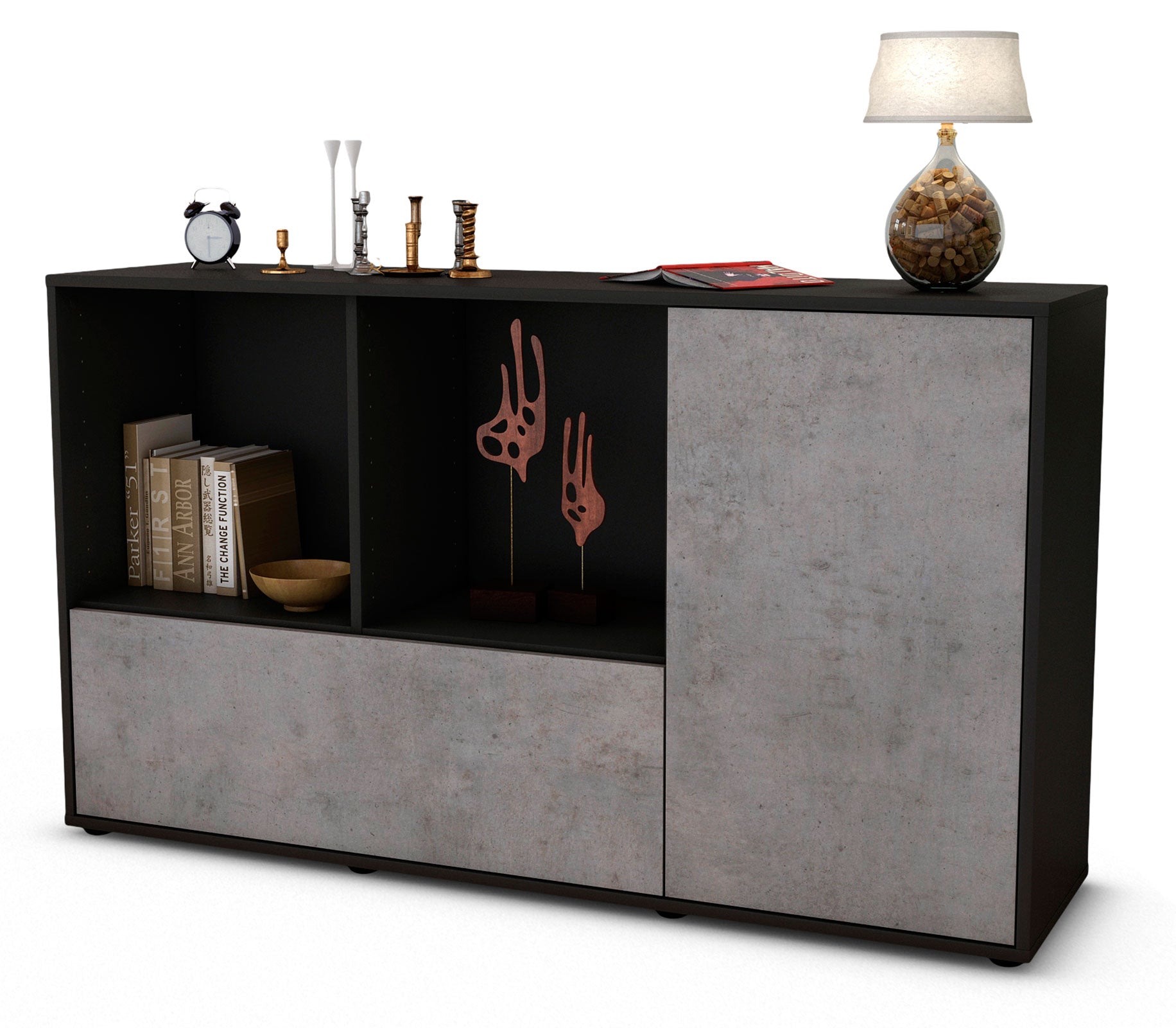 Sideboard - Ela - Design Industrie Stil - Freistehend mit Push to Open 136 cm Anthrazit