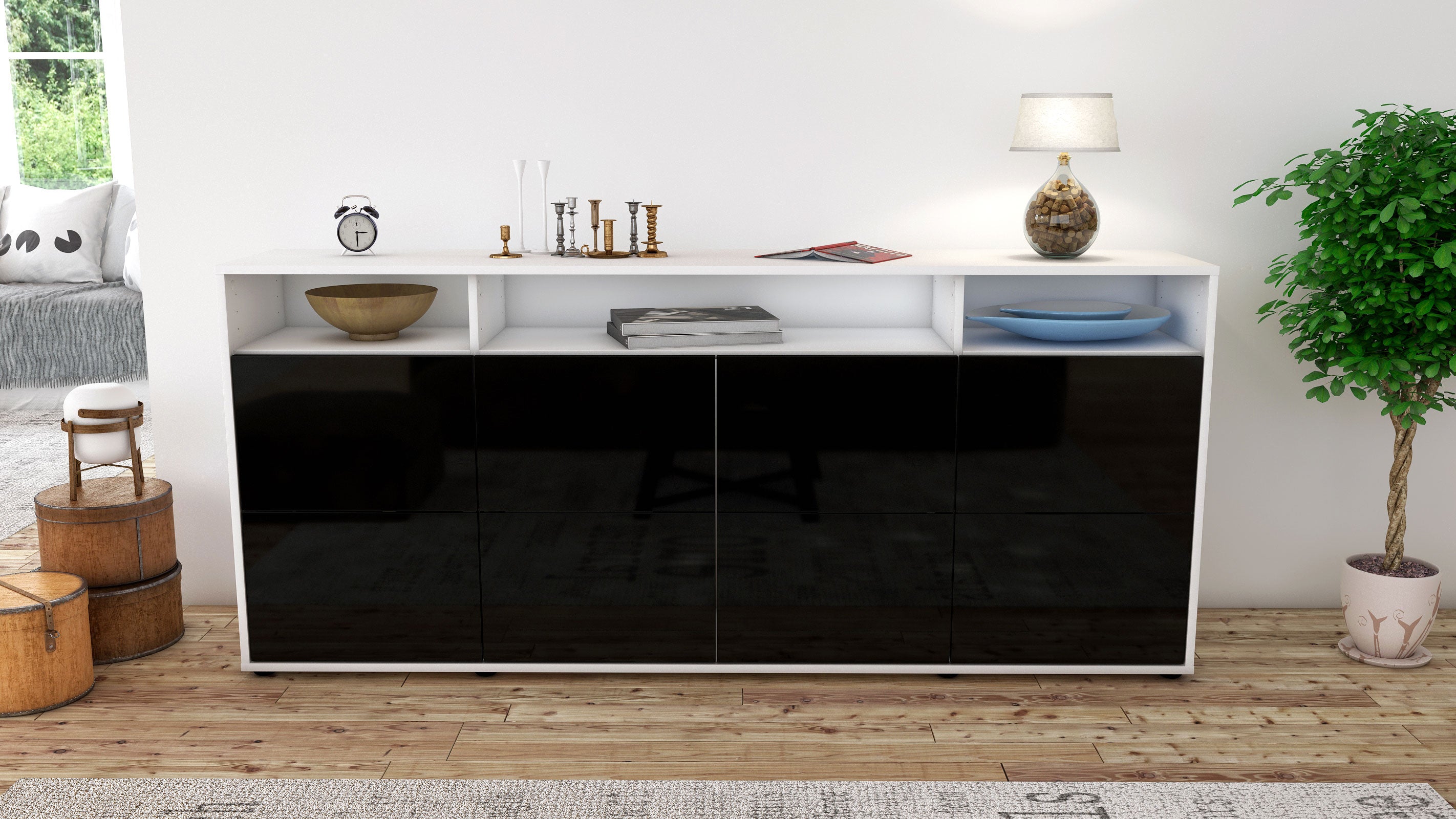 Sideboard - Evita - Design Hochglanz - Freistehend mit Push to Open 180 cm Weiss