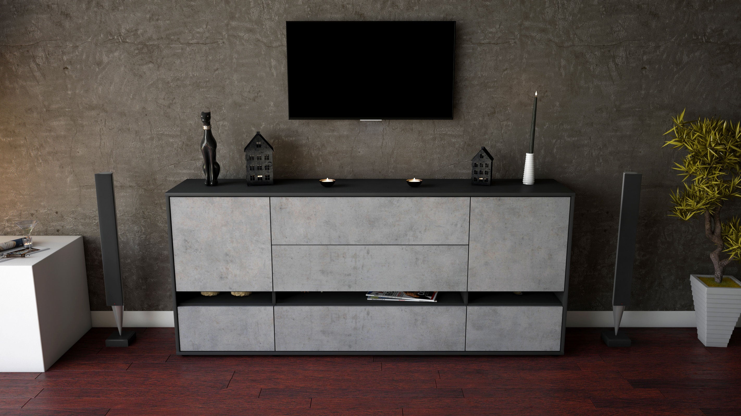 Sideboard - Floriana - Design Industrie Stil - Freistehend mit Push to Open 180 cm Anthrazit