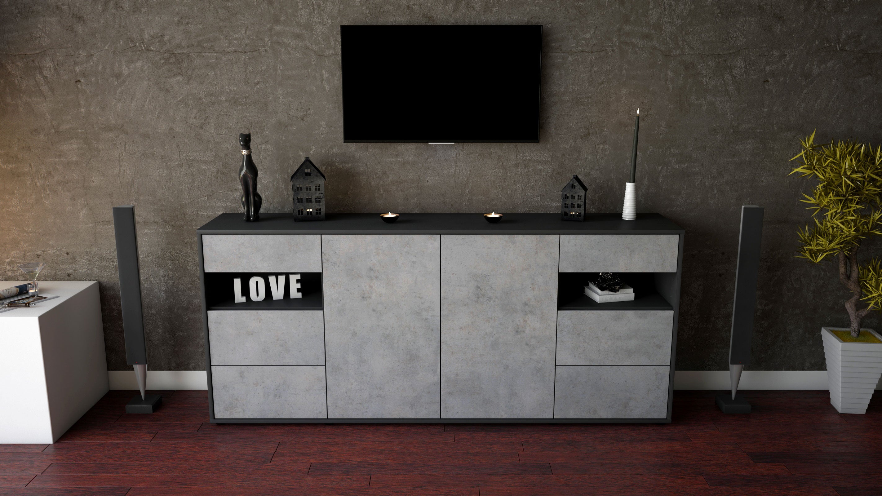 Sideboard - Francesca - Design Industrie Stil - Freistehend mit Push to Open 180 cm Anthrazit