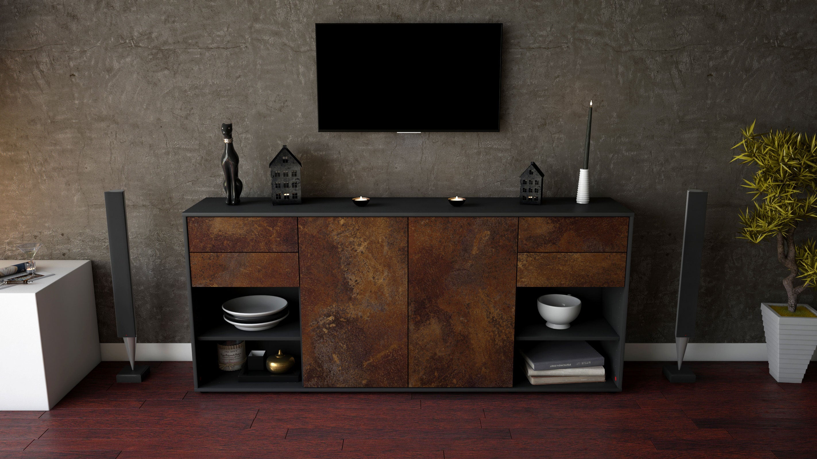 Sideboard - Franka - Design Industrie Stil - Freistehend mit Push to Open 180 cm Anthrazit