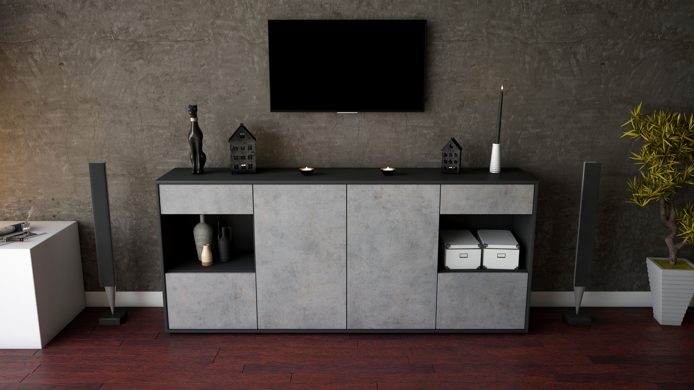 Sideboard - Gabriella - Design Industrie Stil - Freistehend mit Push to Open 180 cm Anthrazit