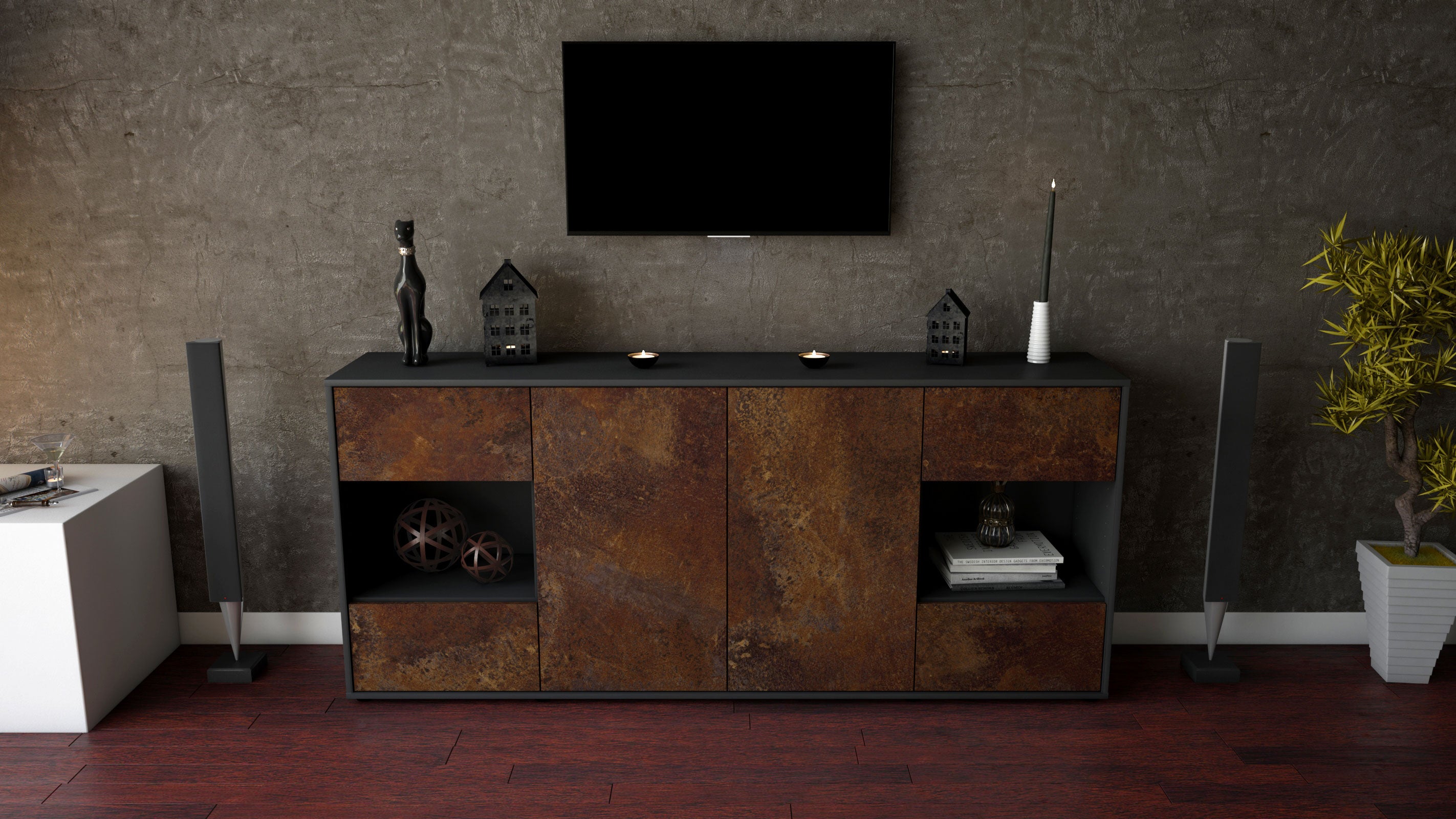 Sideboard - Gaia - Design Industrie Stil - Freistehend mit Push to Open 180 cm Anthrazit