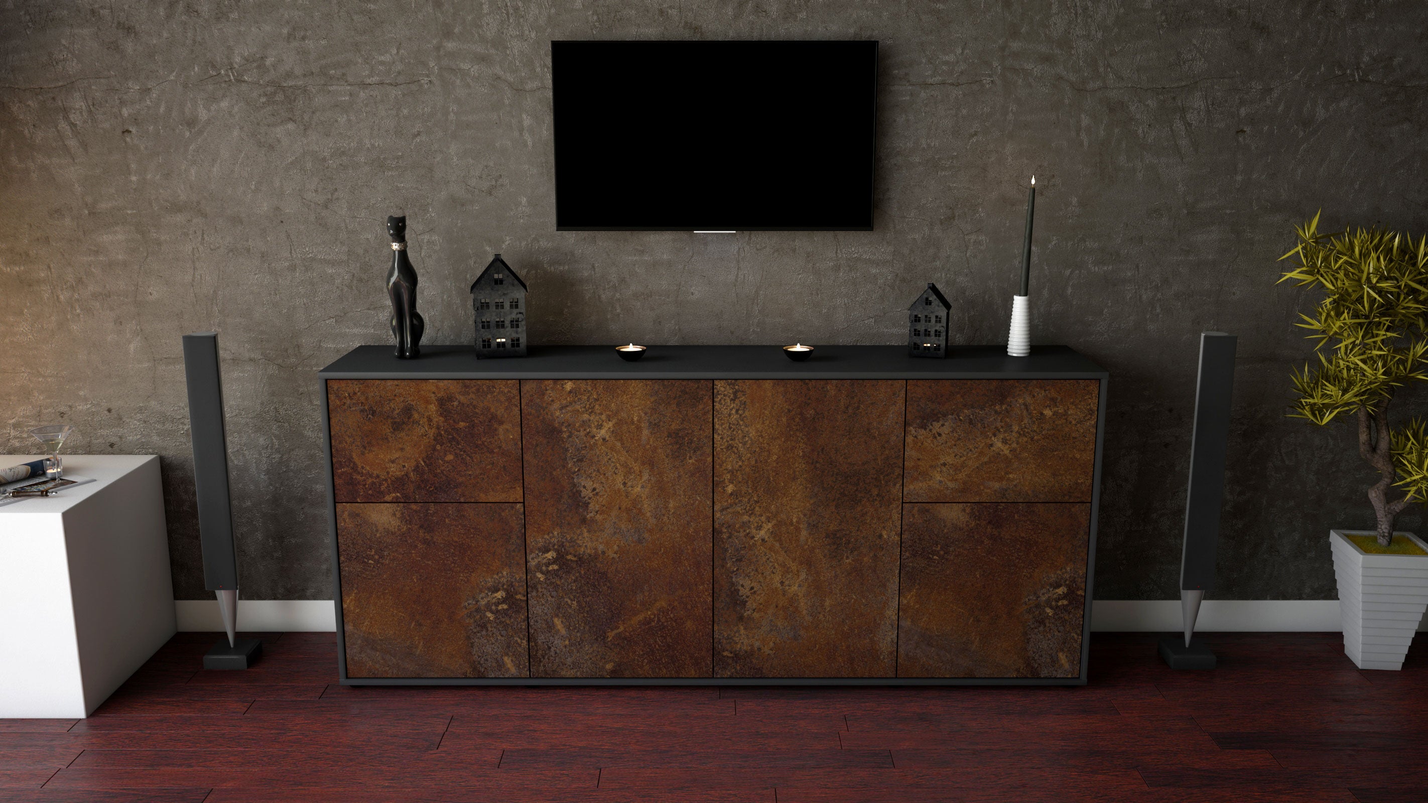 Sideboard - Georgina - Design Industrie Stil - Freistehend mit Push to Open 180 cm Anthrazit