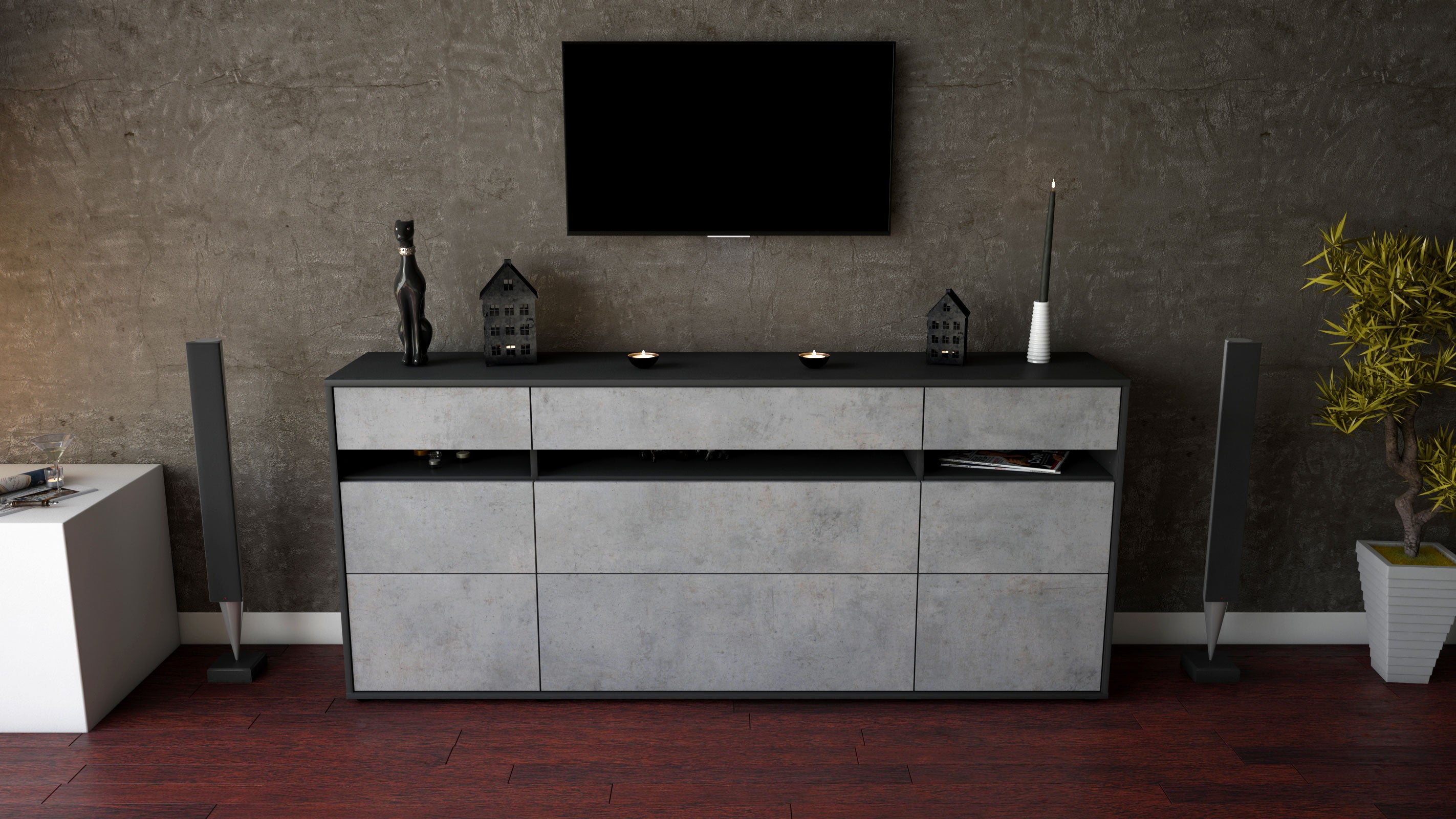 Sideboard - Giada - Design Industrie Stil - Freistehend mit Push to Open 180 cm Anthrazit