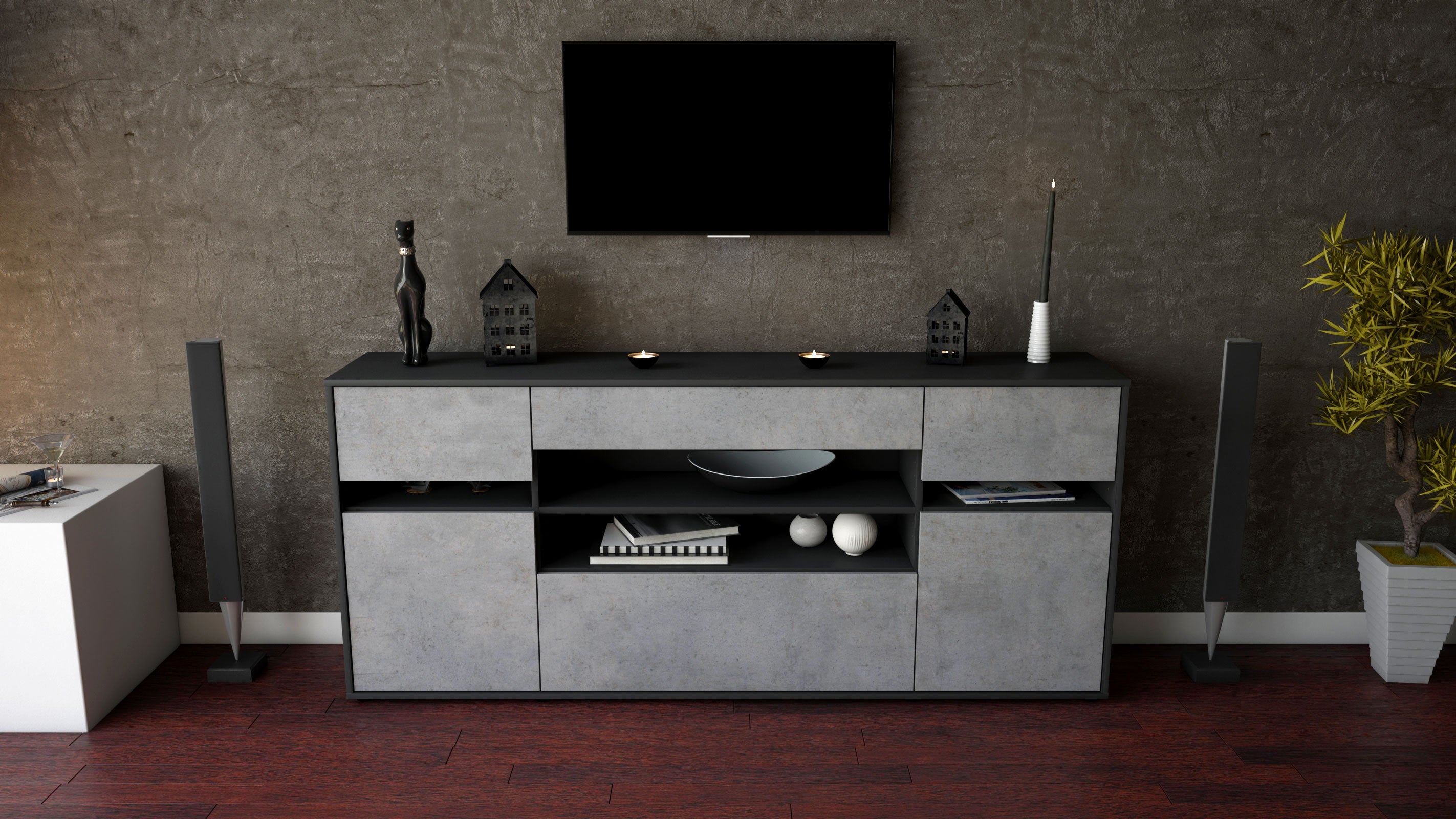 Sideboard - Gina - Design Industrie Stil - Freistehend mit Push to Open 180 cm Anthrazit