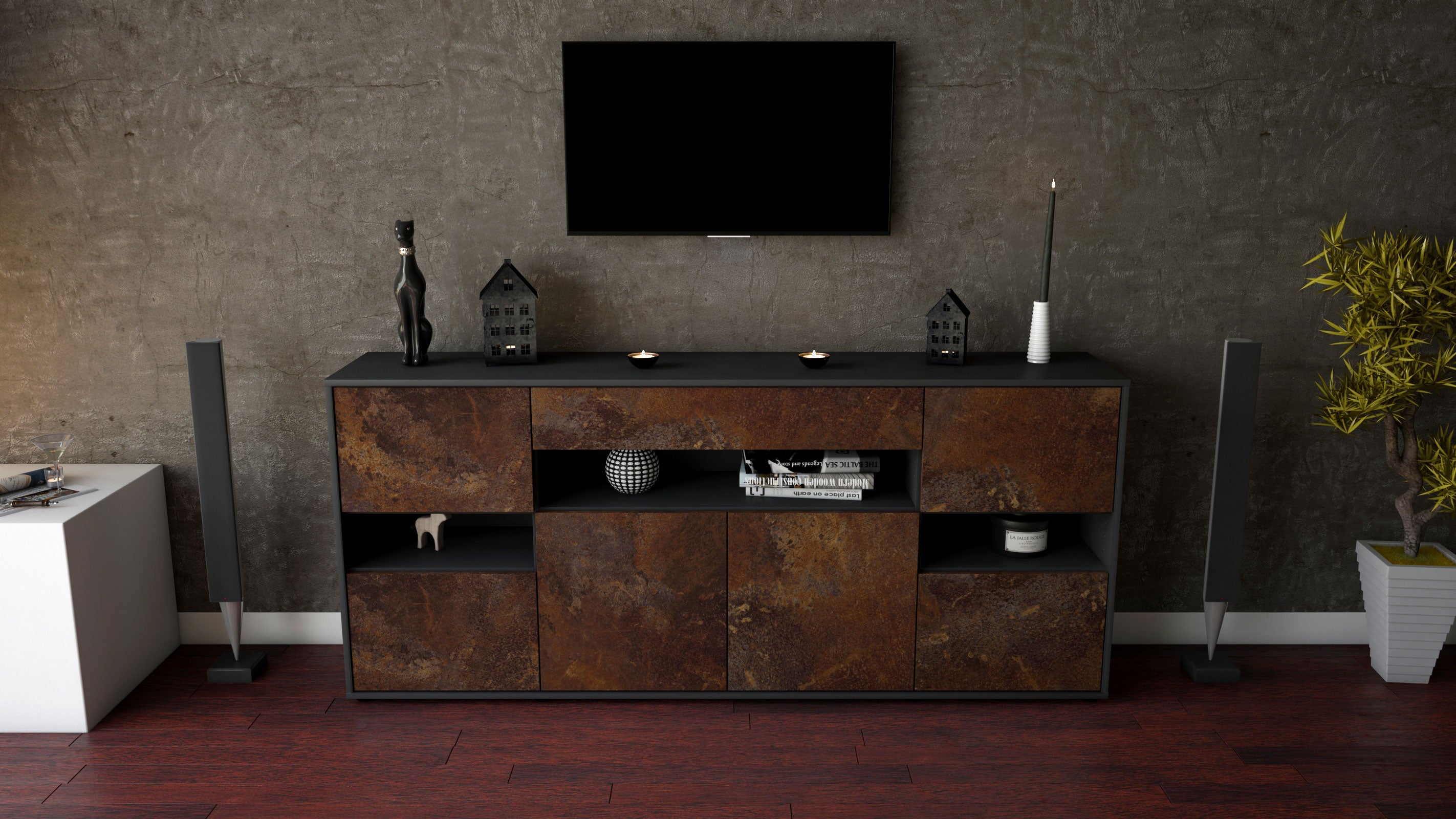 Sideboard - Ginevra - Design Industrie Stil - Freistehend mit Push to Open 180 cm Anthrazit