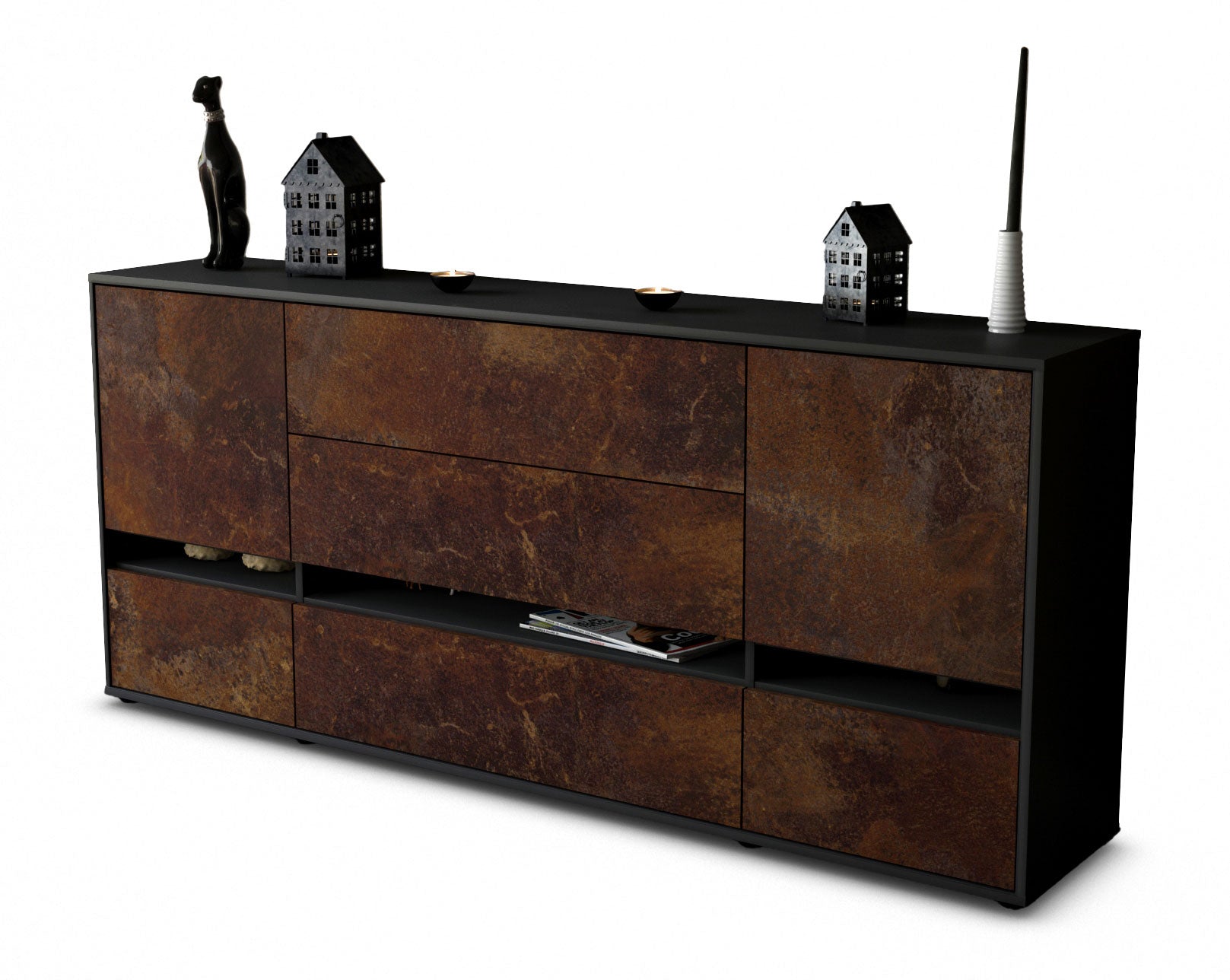 Sideboard - Floriana - Design Industrie Stil - Freistehend mit Push to Open 180 cm Anthrazit