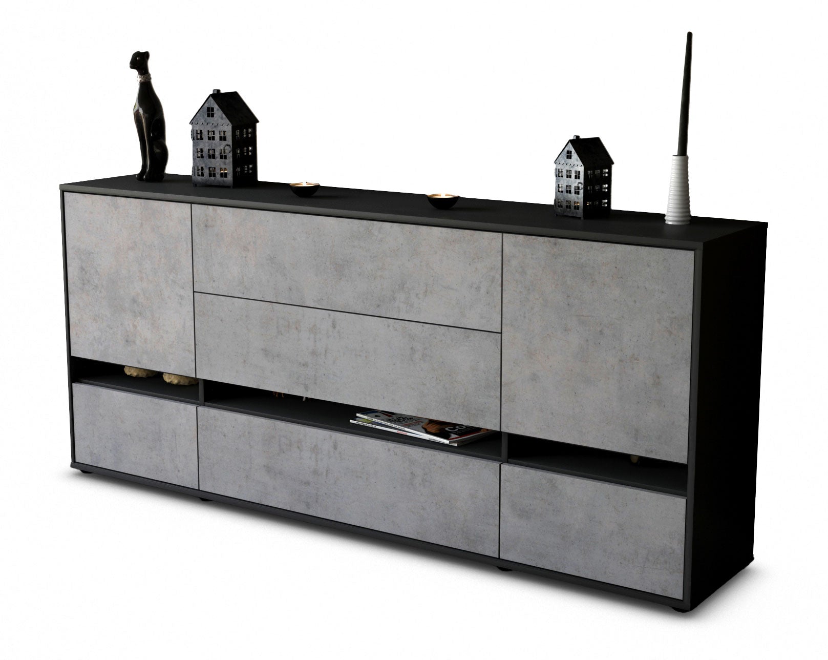 Sideboard - Floriana - Design Industrie Stil - Freistehend mit Push to Open 180 cm Anthrazit