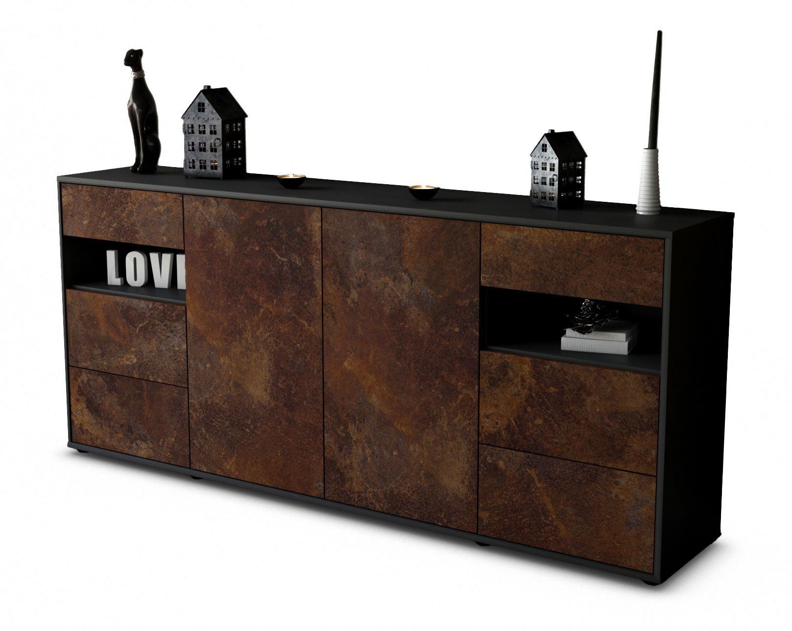 Sideboard - Francesca - Design Industrie Stil - Freistehend mit Push to Open 180 cm Anthrazit