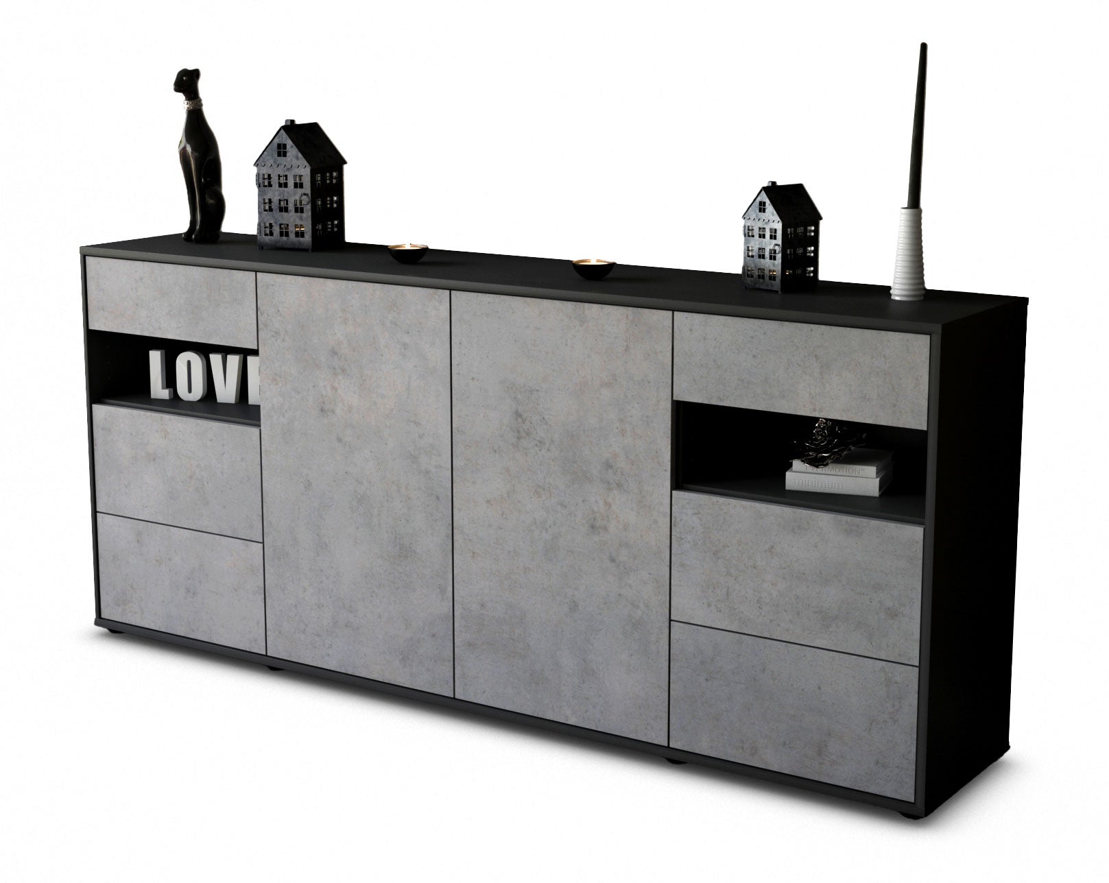 Sideboard - Francesca - Design Industrie Stil - Freistehend mit Push to Open 180 cm Anthrazit