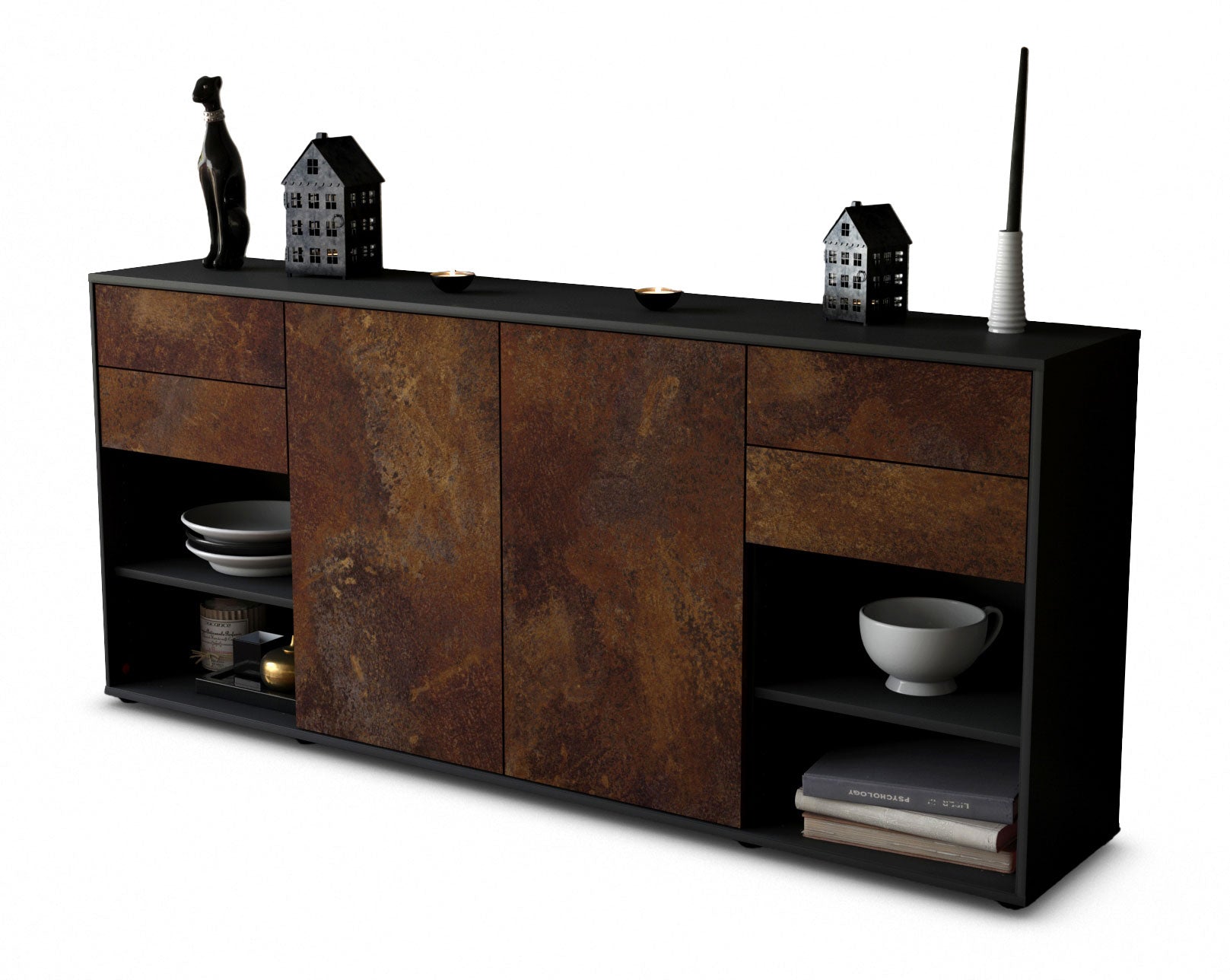 Sideboard - Franka - Design Industrie Stil - Freistehend mit Push to Open 180 cm Anthrazit