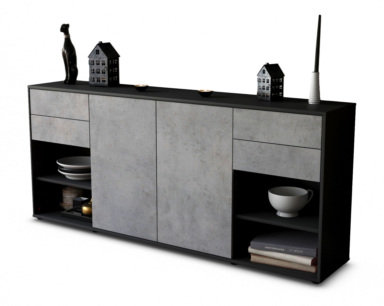 Sideboard - Franka - Design Industrie Stil - Freistehend mit Push to Open 180 cm Anthrazit