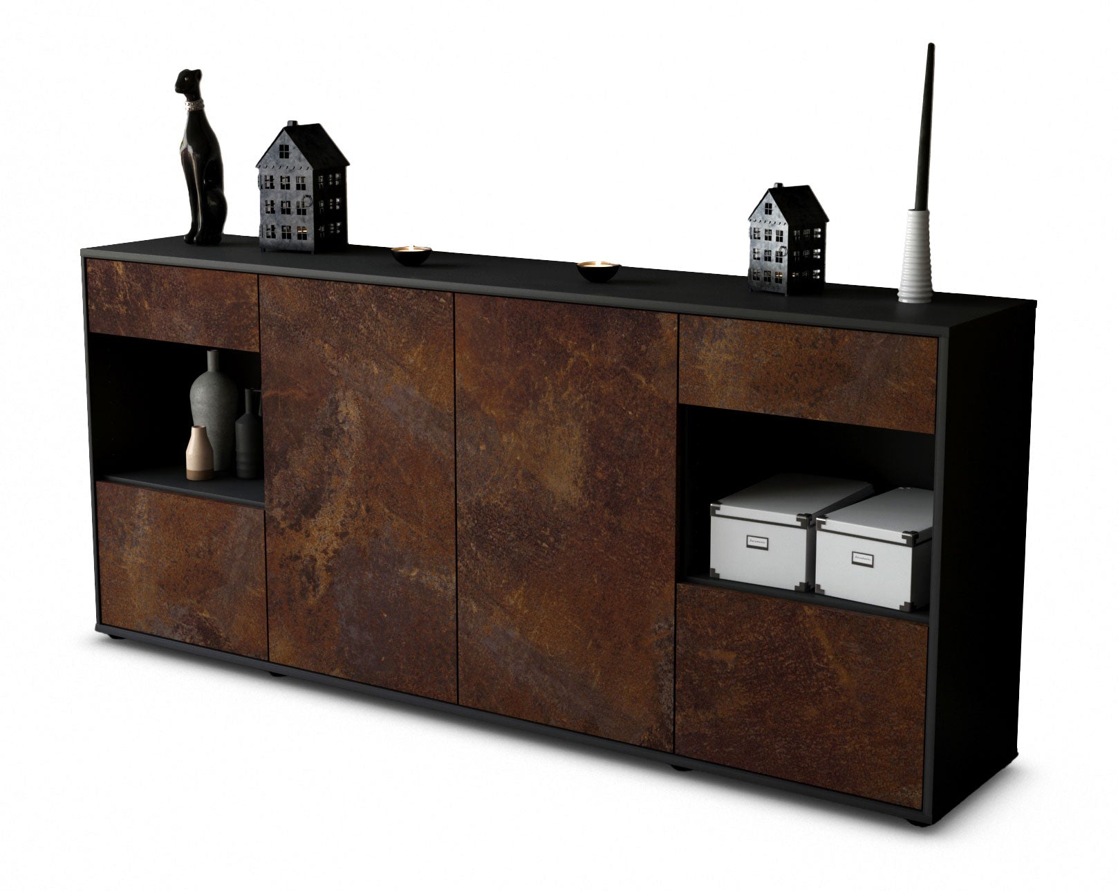 Sideboard - Gabriella - Design Industrie Stil - Freistehend mit Push to Open 180 cm Anthrazit