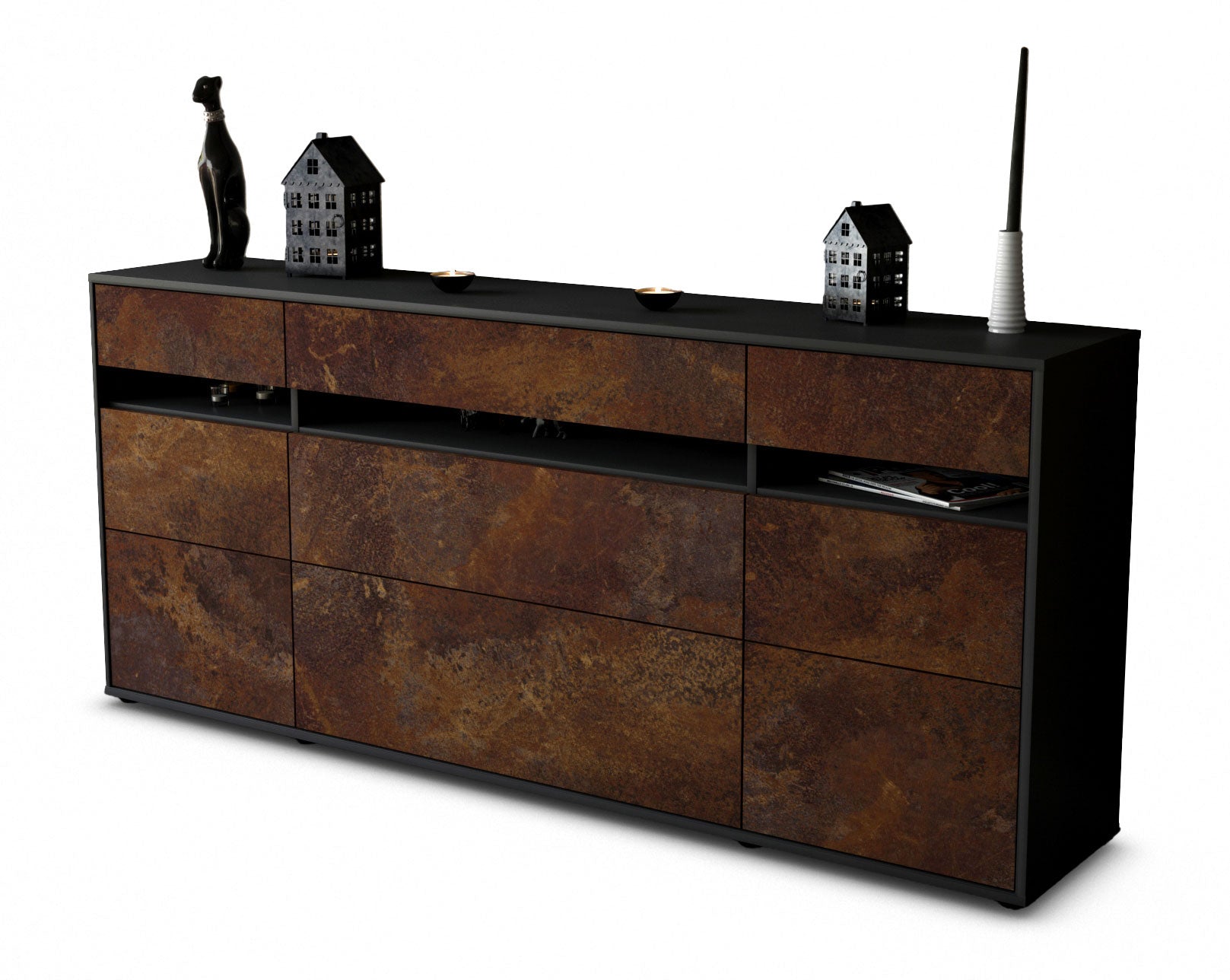 Sideboard - Giada - Design Industrie Stil - Freistehend mit Push to Open 180 cm Anthrazit