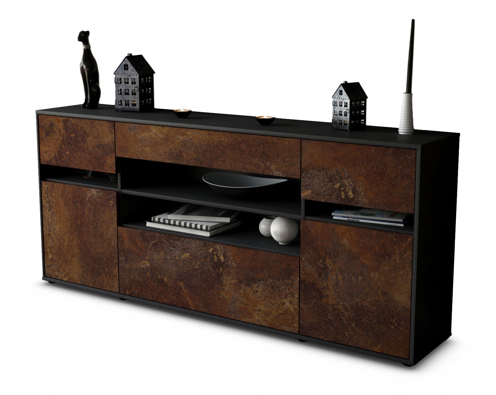 Sideboard - Gina - Design Industrie Stil - Freistehend mit Push to Open 180 cm Anthrazit