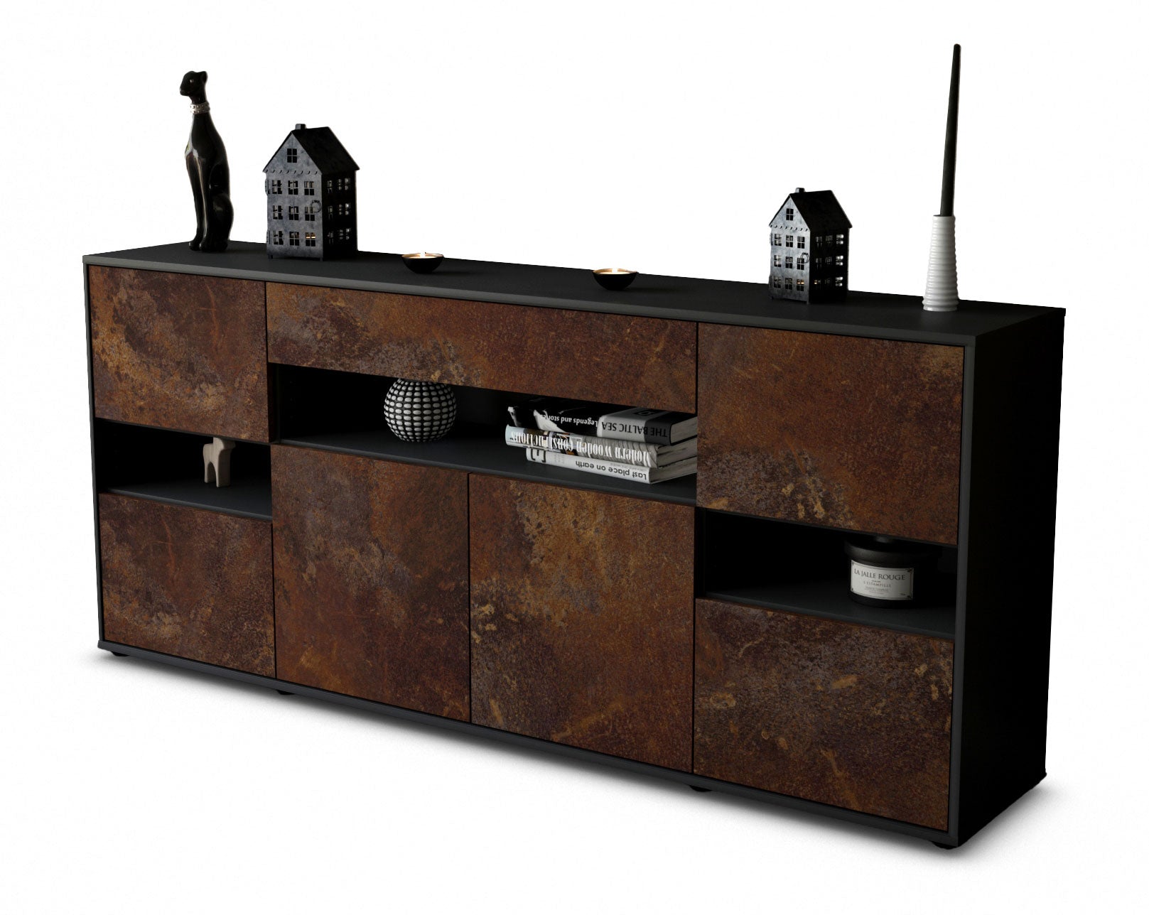 Sideboard - Ginevra - Design Industrie Stil - Freistehend mit Push to Open 180 cm Anthrazit