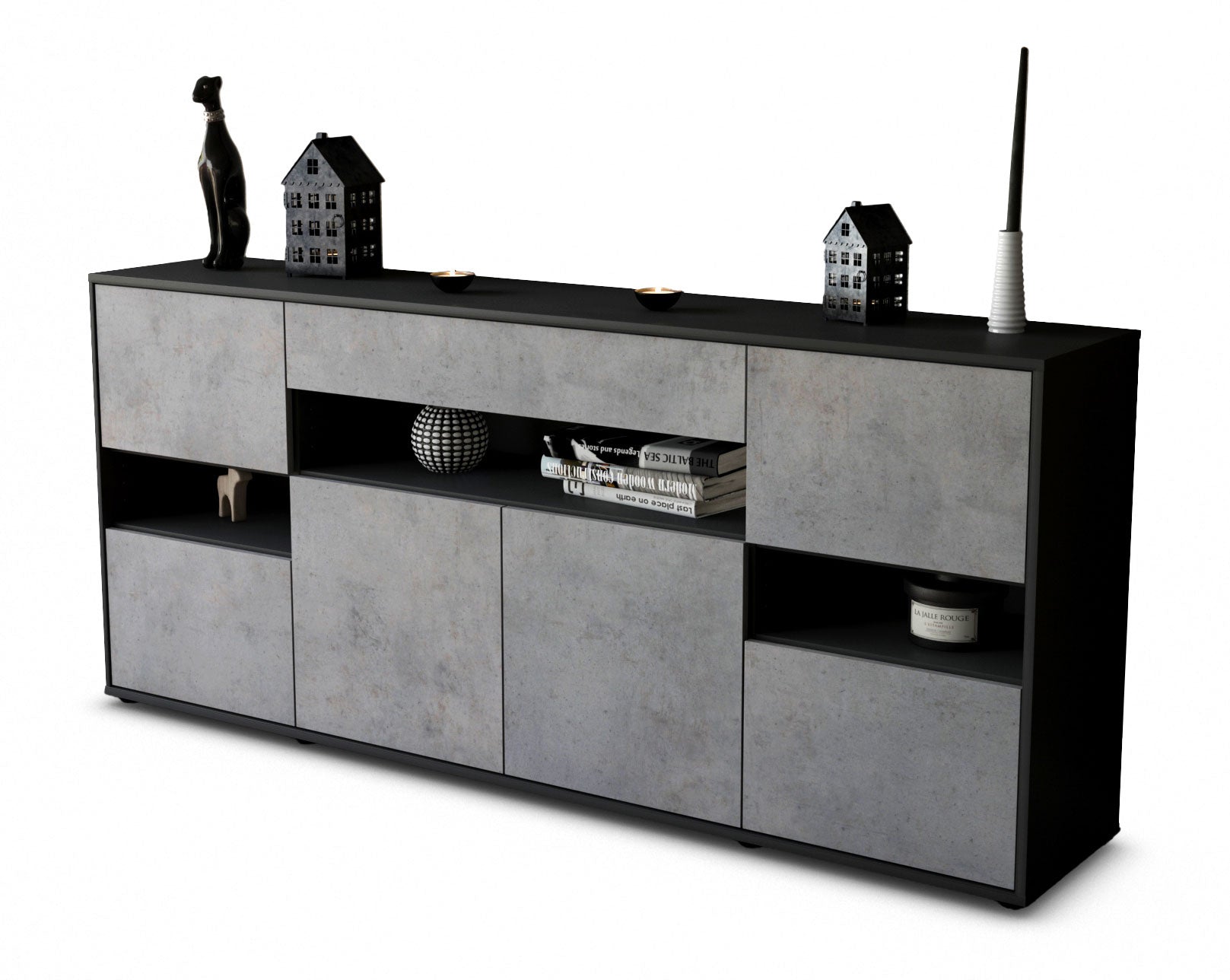 Sideboard - Ginevra - Design Industrie Stil - Freistehend mit Push to Open 180 cm Anthrazit