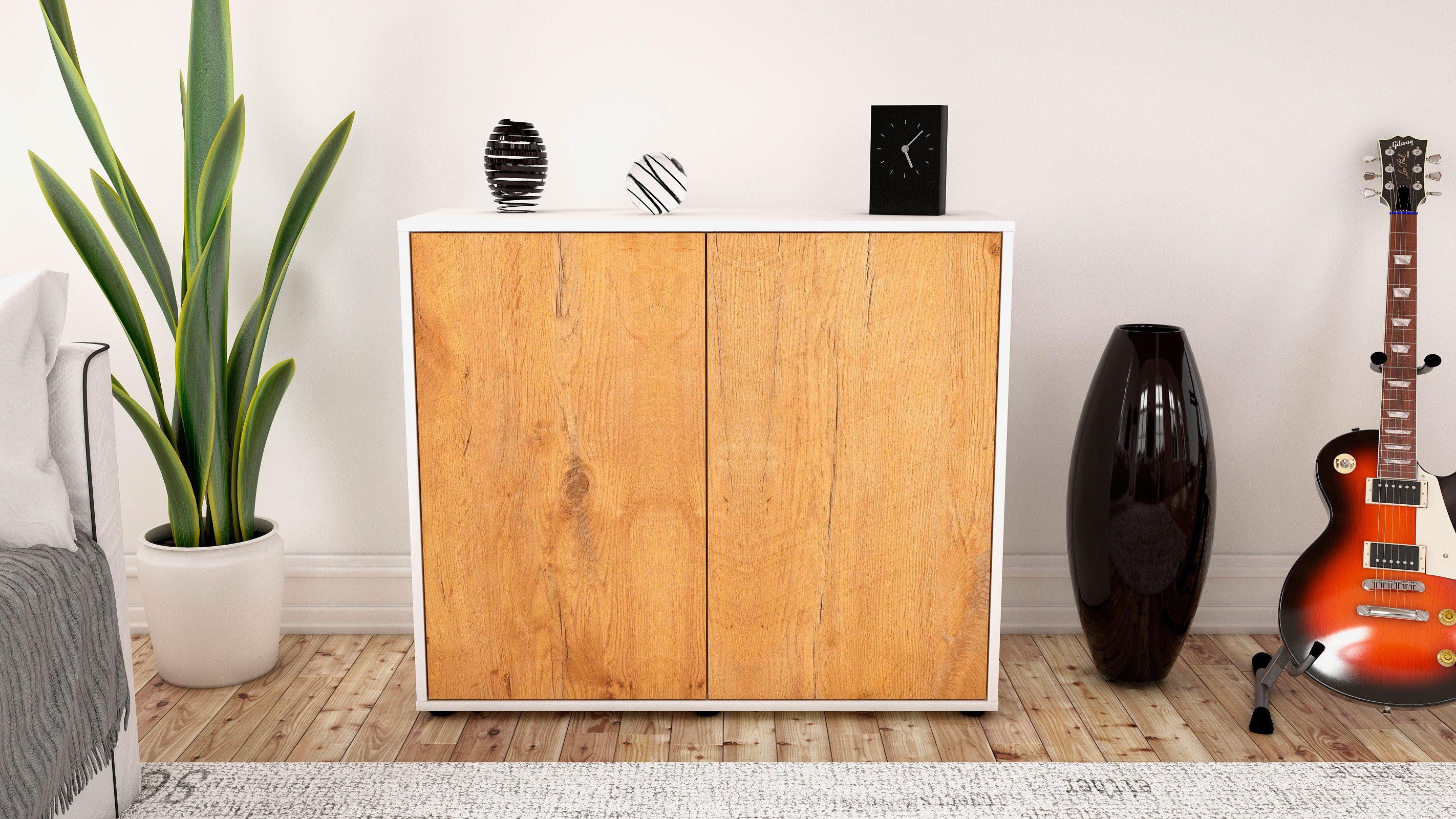 Sideboard - Blanka - Design Holzdekor - Freistehend mit Push to open  92 cm Weiss