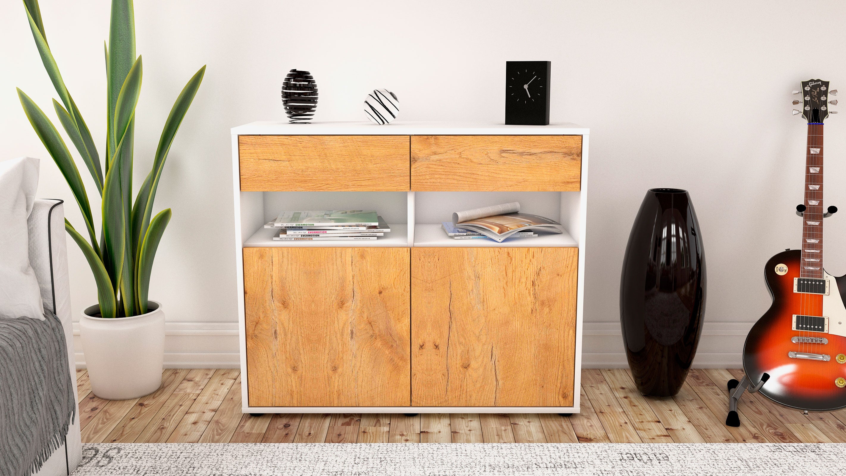 Sideboard - Bruna - Design Holzdekor - Freistehend mit Push to open  92 cm Weiss