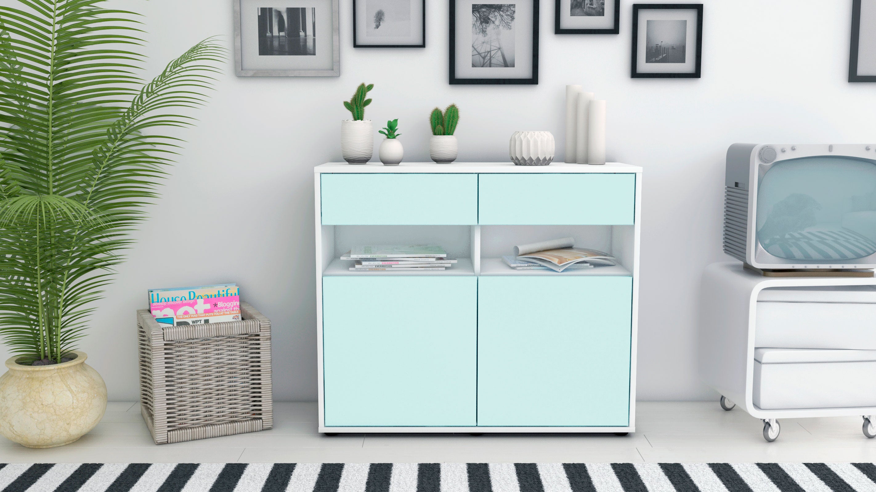 Sideboard - Bruna - Design Farbakzent - Freistehend mit Push to open  92 cm Weiss