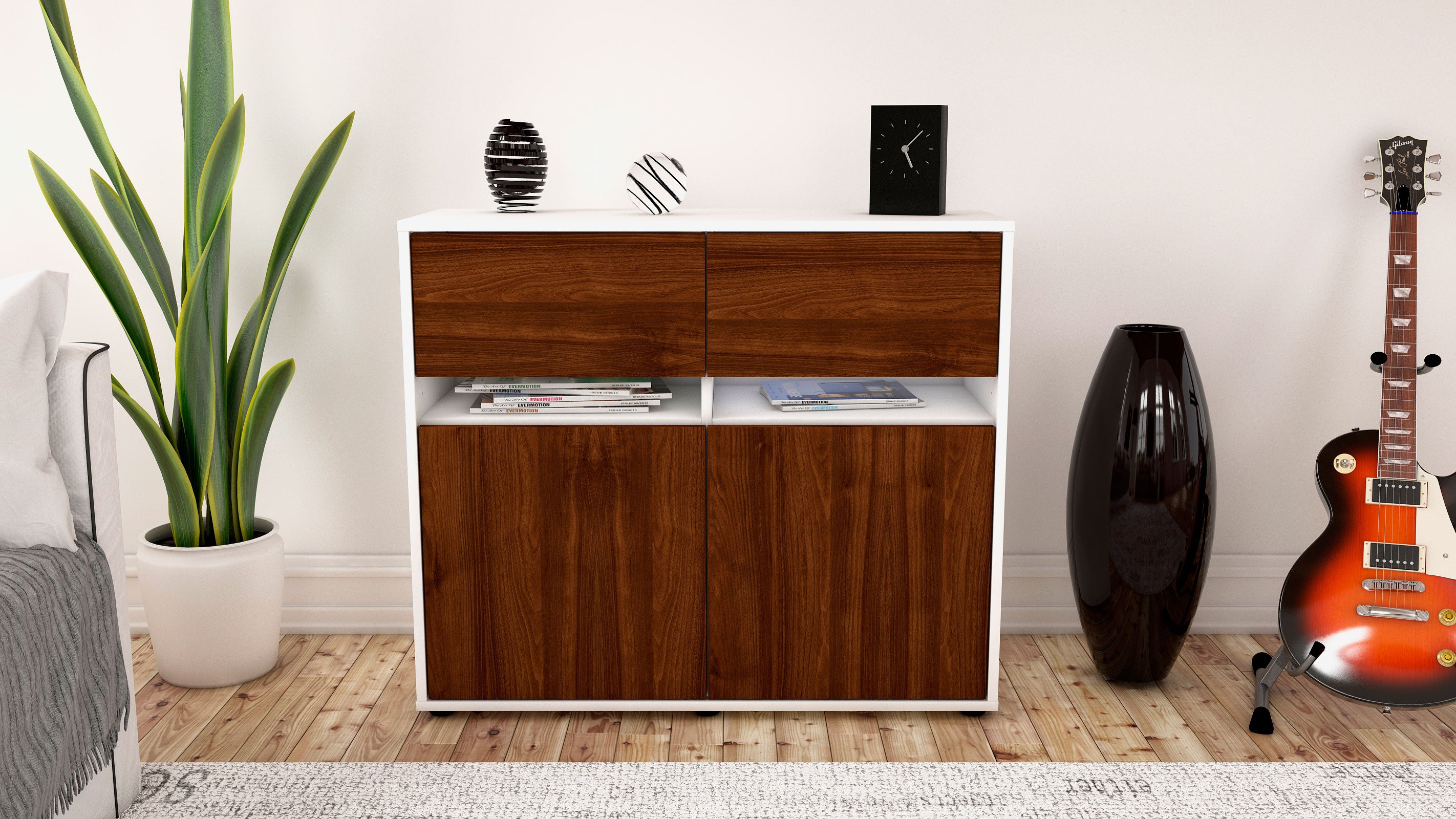 Sideboard - Brunilde - Design Holzdekor - Freistehend mit Push to open  92 cm Weiss