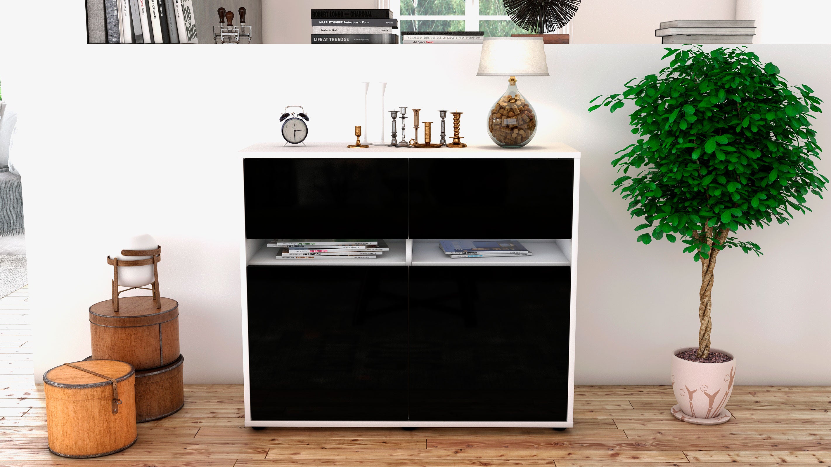 Sideboard - Brunilde - Design Hochglanz - Freistehend mit Push to open  92 cm Weiss