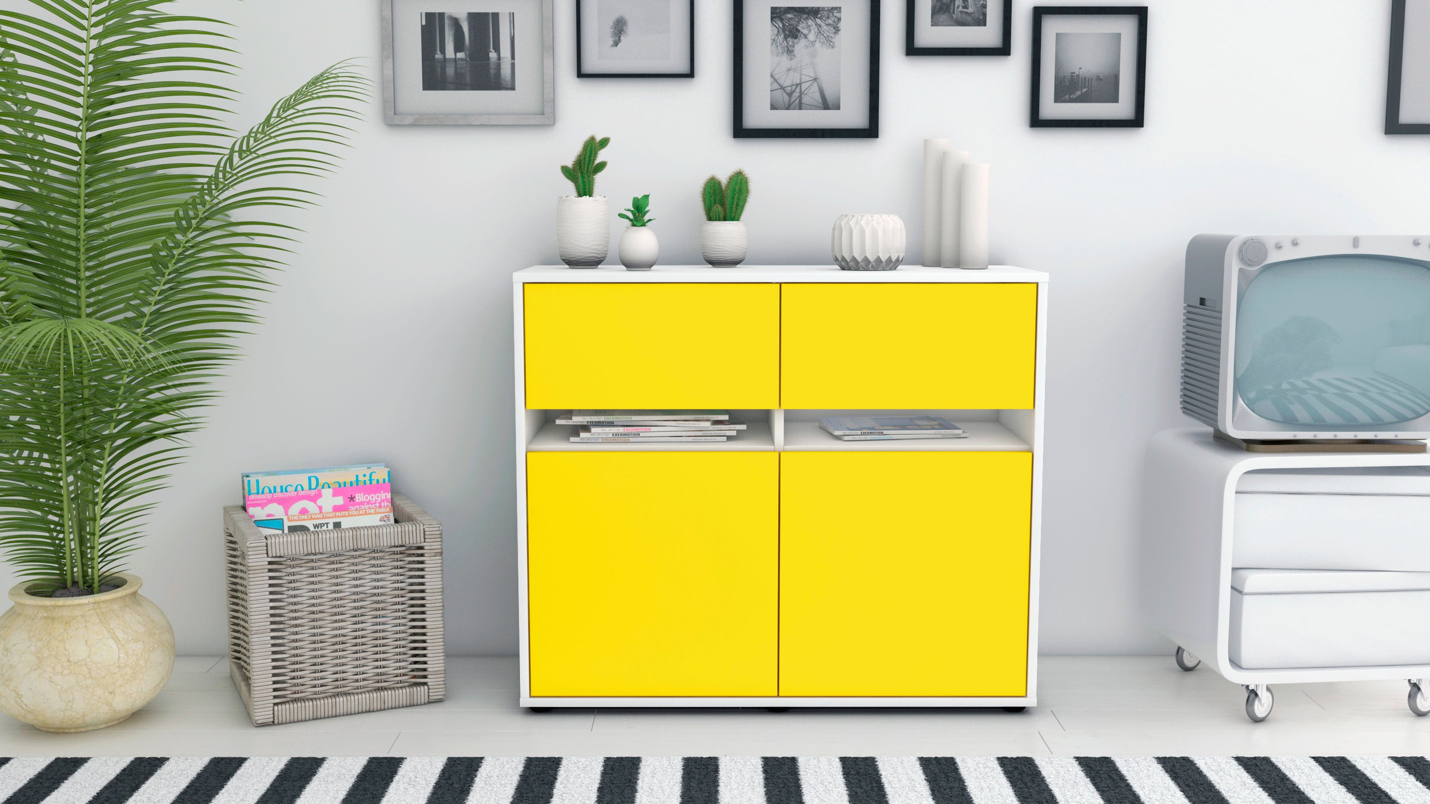 Sideboard - Brunilde - Design Farbakzent - Freistehend mit Push to open  92 cm Weiss