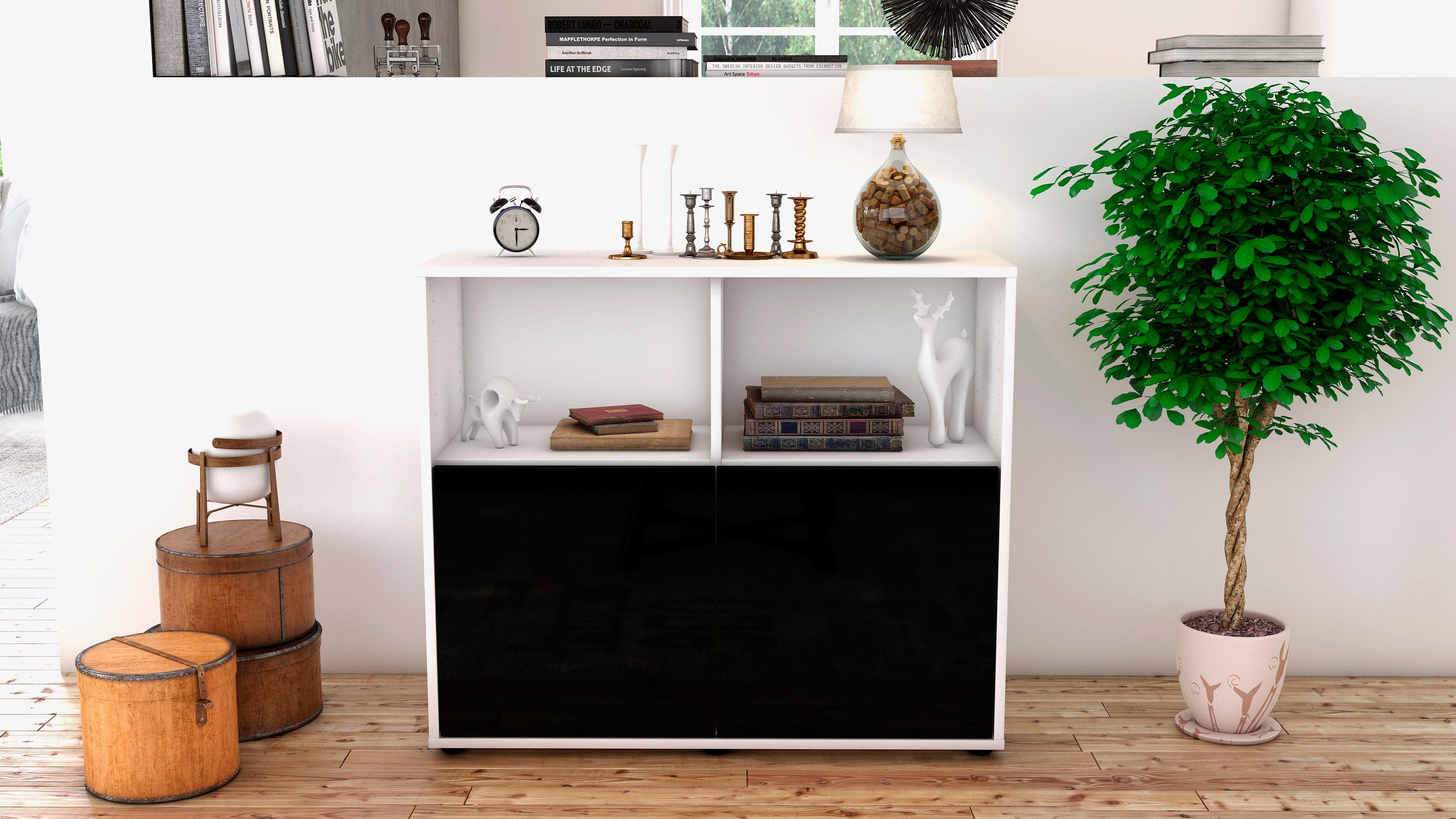 Sideboard - Camilla - Design Hochglanz - Freistehend mit Push to open  92 cm Weiss