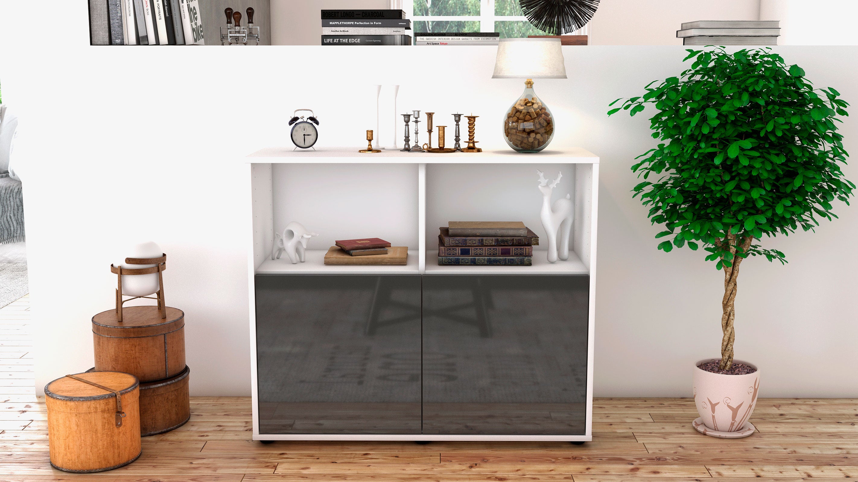 Sideboard - Camilla - Design Hochglanz - Freistehend mit Push to open  92 cm Weiss