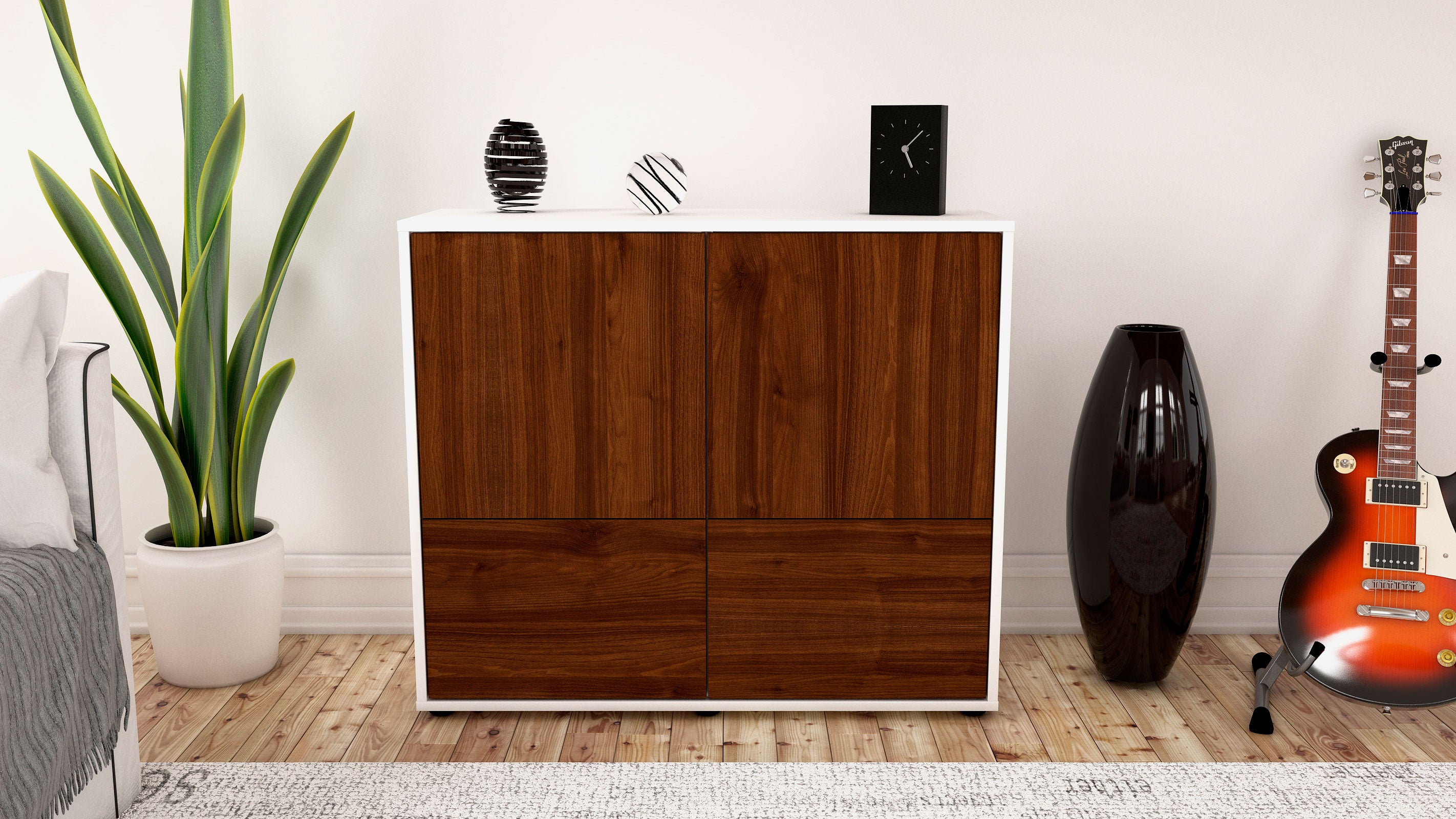 Sideboard - Cara - Design Holzdekor - Freistehend mit Push to open  92 cm Weiss