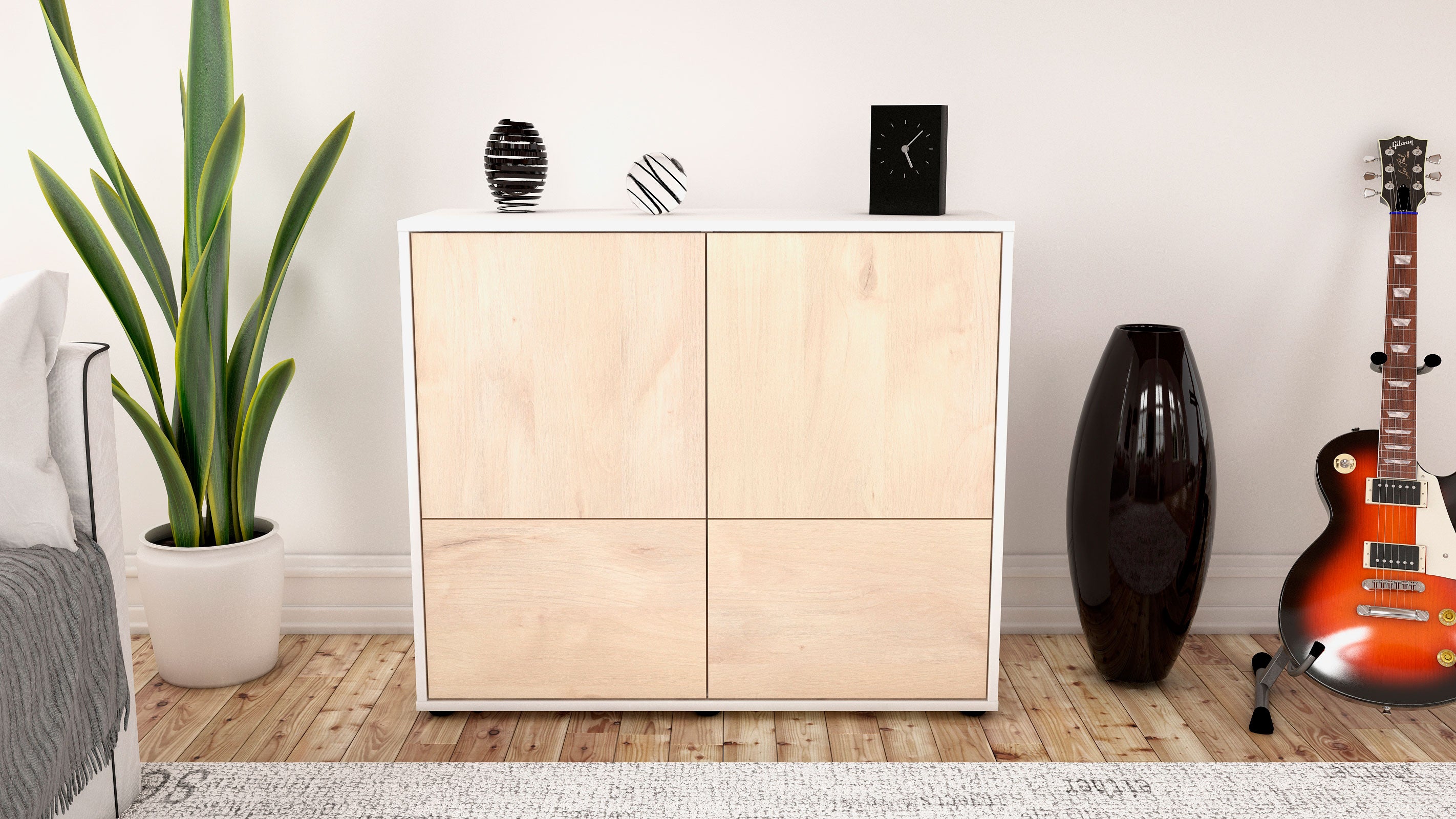 Sideboard - Cara - Design Holzdekor - Freistehend mit Push to open  92 cm Weiss