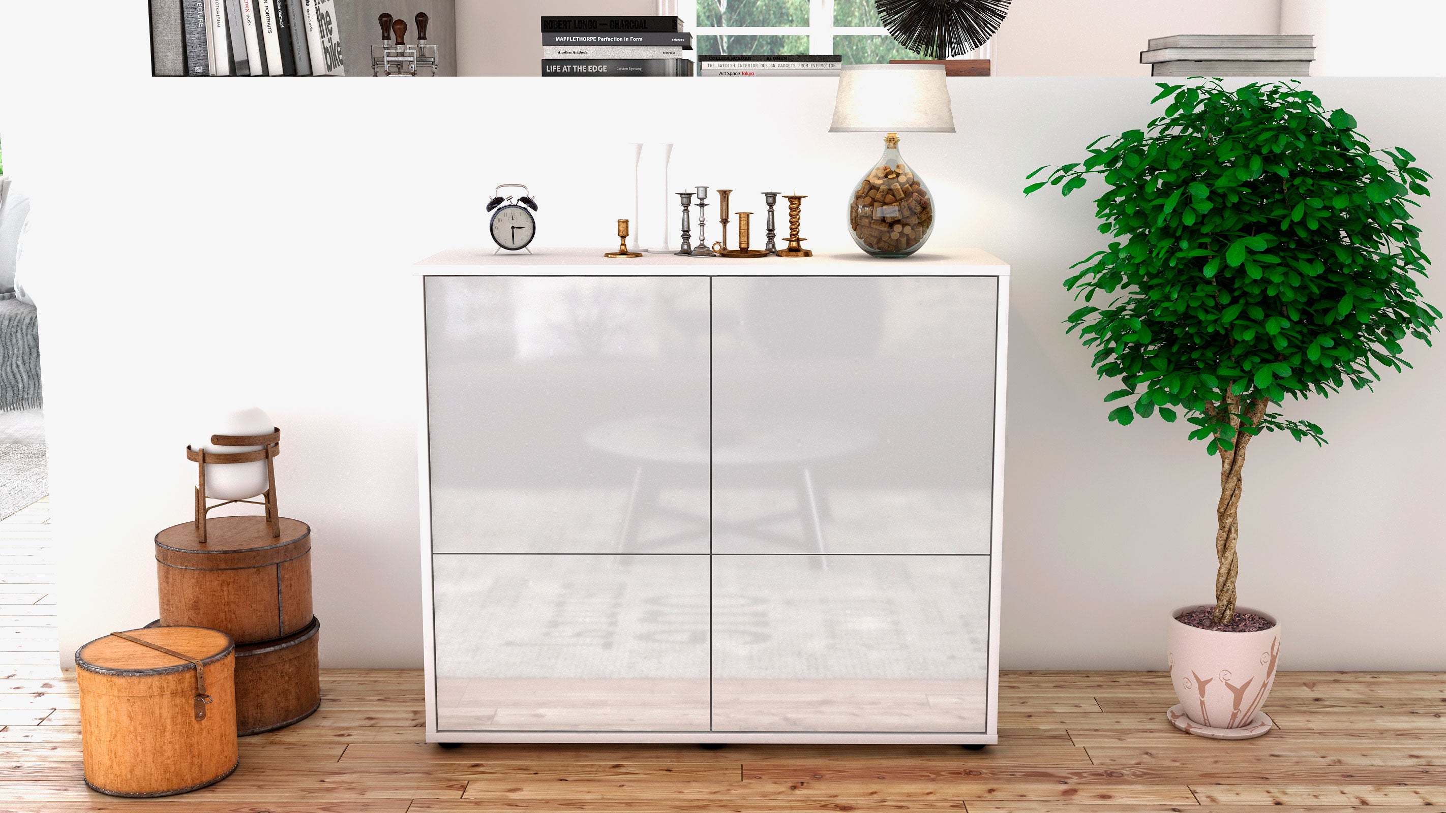 Sideboard - Cara - Design Hochglanz - Freistehend mit Push to open  92 cm Weiss