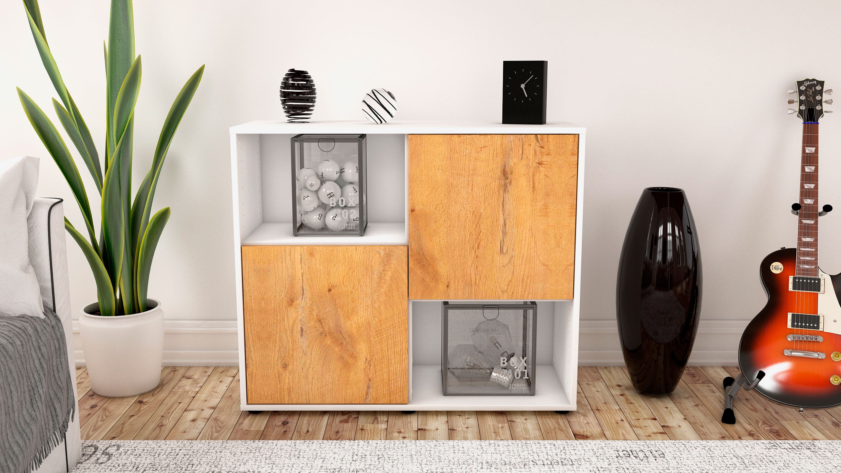 Sideboard - Caralina - Design Holzdekor - Freistehend mit Push to open  92 cm Weiss