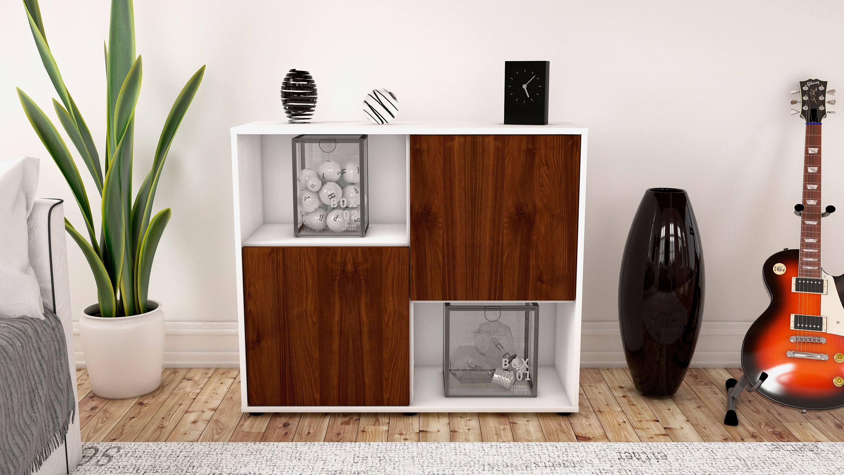 Sideboard - Caralina - Design Holzdekor - Freistehend mit Push to open  92 cm Weiss