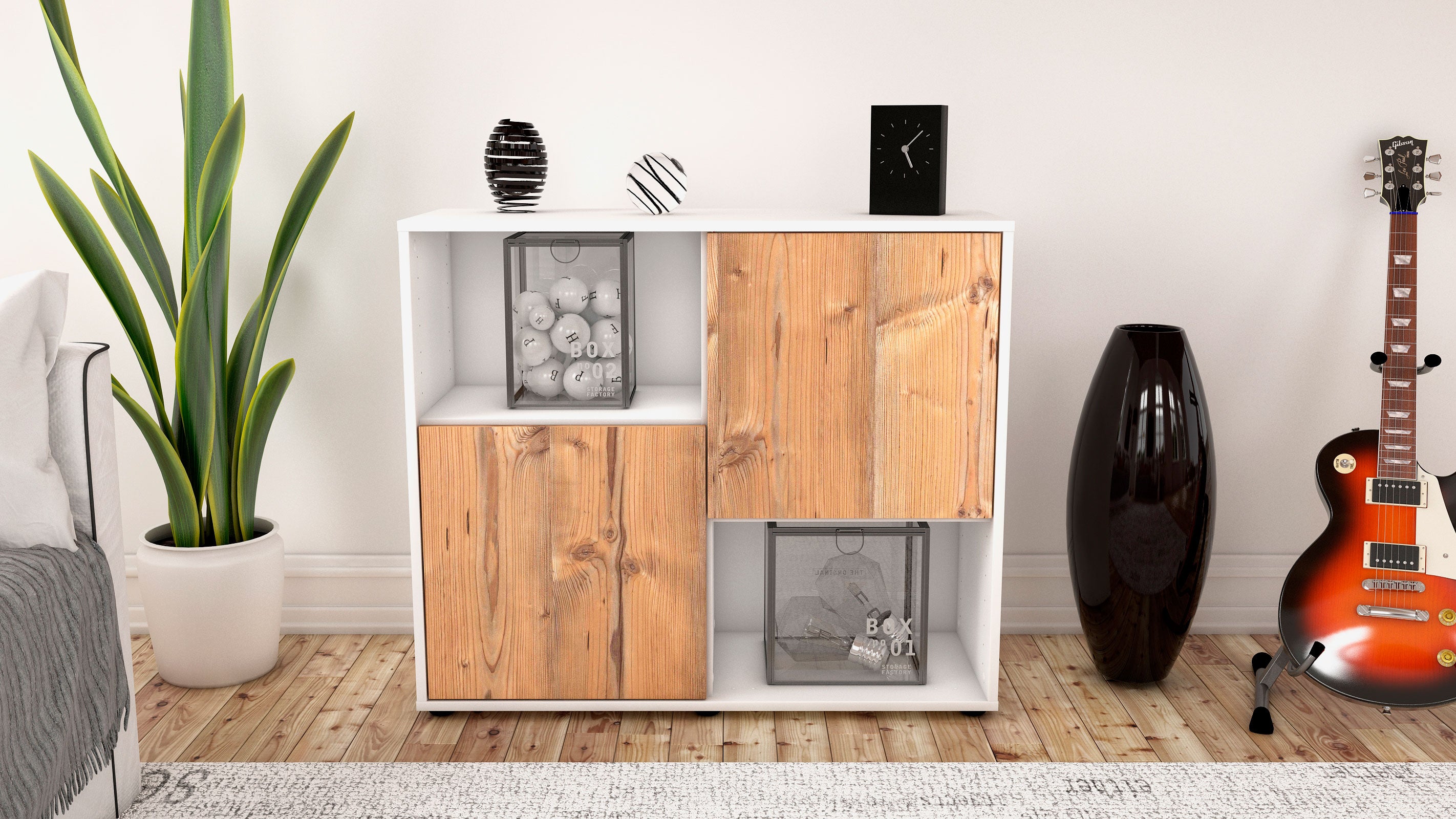 Sideboard - Caralina - Design Holzdekor - Freistehend mit Push to open  92 cm Weiss