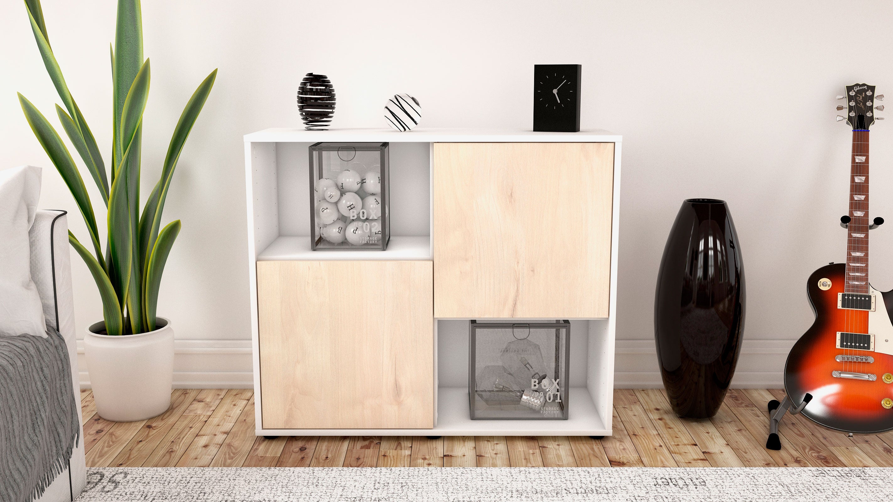 Sideboard - Caralina - Design Holzdekor - Freistehend mit Push to open  92 cm Weiss