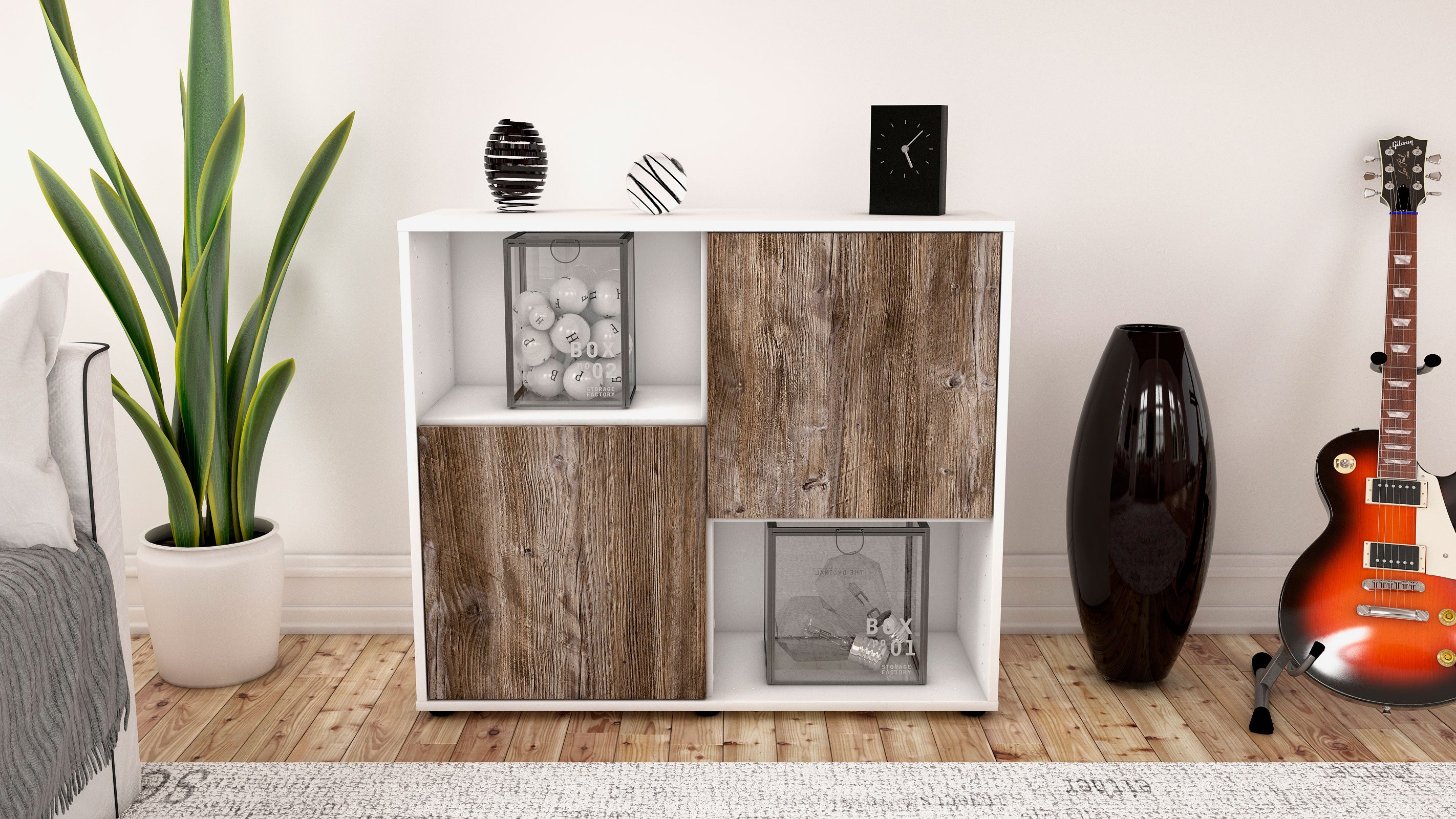 Sideboard - Caralina - Design Holzdekor - Freistehend mit Push to open  92 cm Weiss