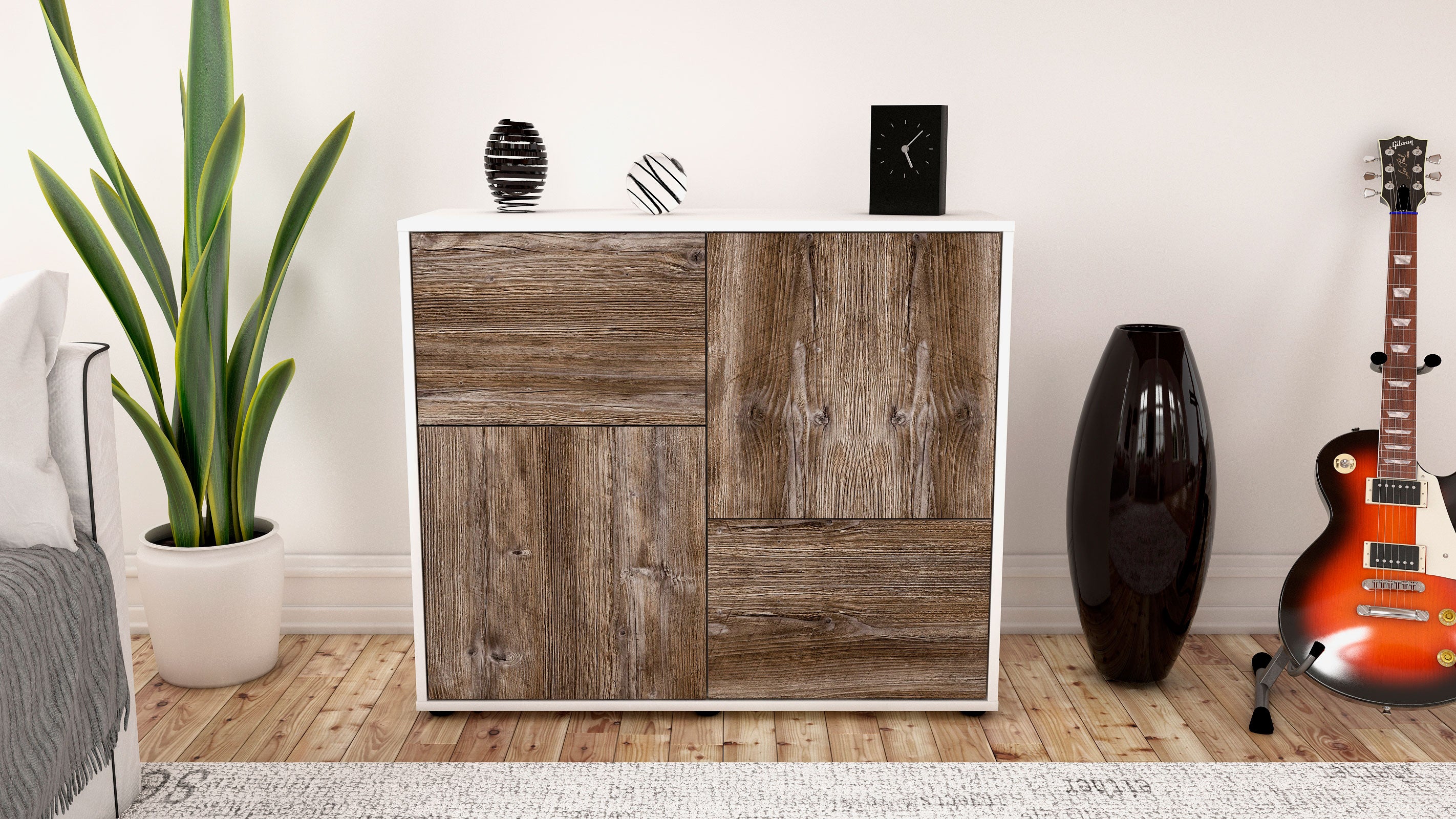 Sideboard - Carla - Design Holzdekor - Freistehend mit Push to open  92 cm Weiss