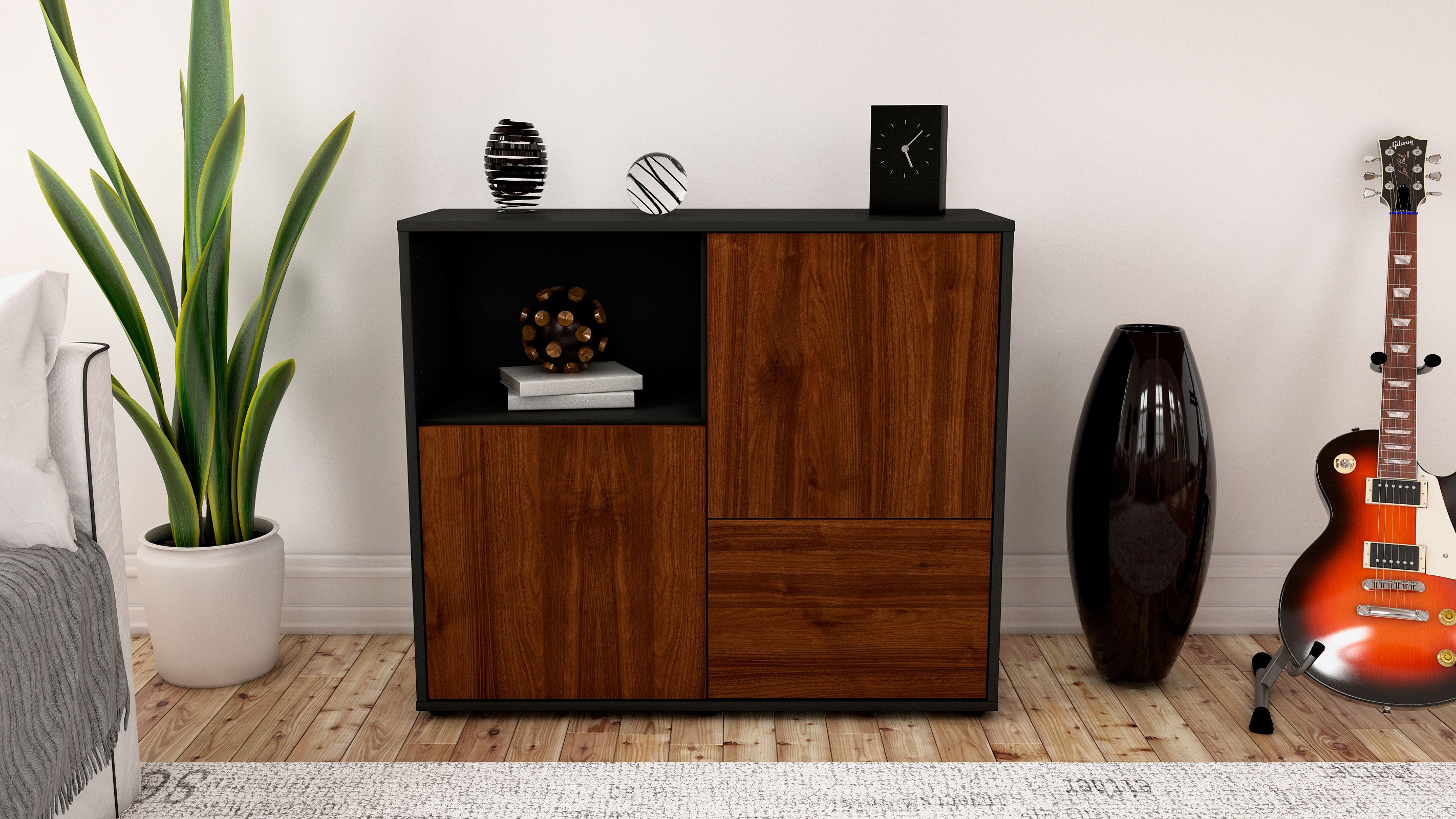 Sideboard - Carina - Design Holzdekor - Freistehend mit Push to open  92 cm Anthrazit