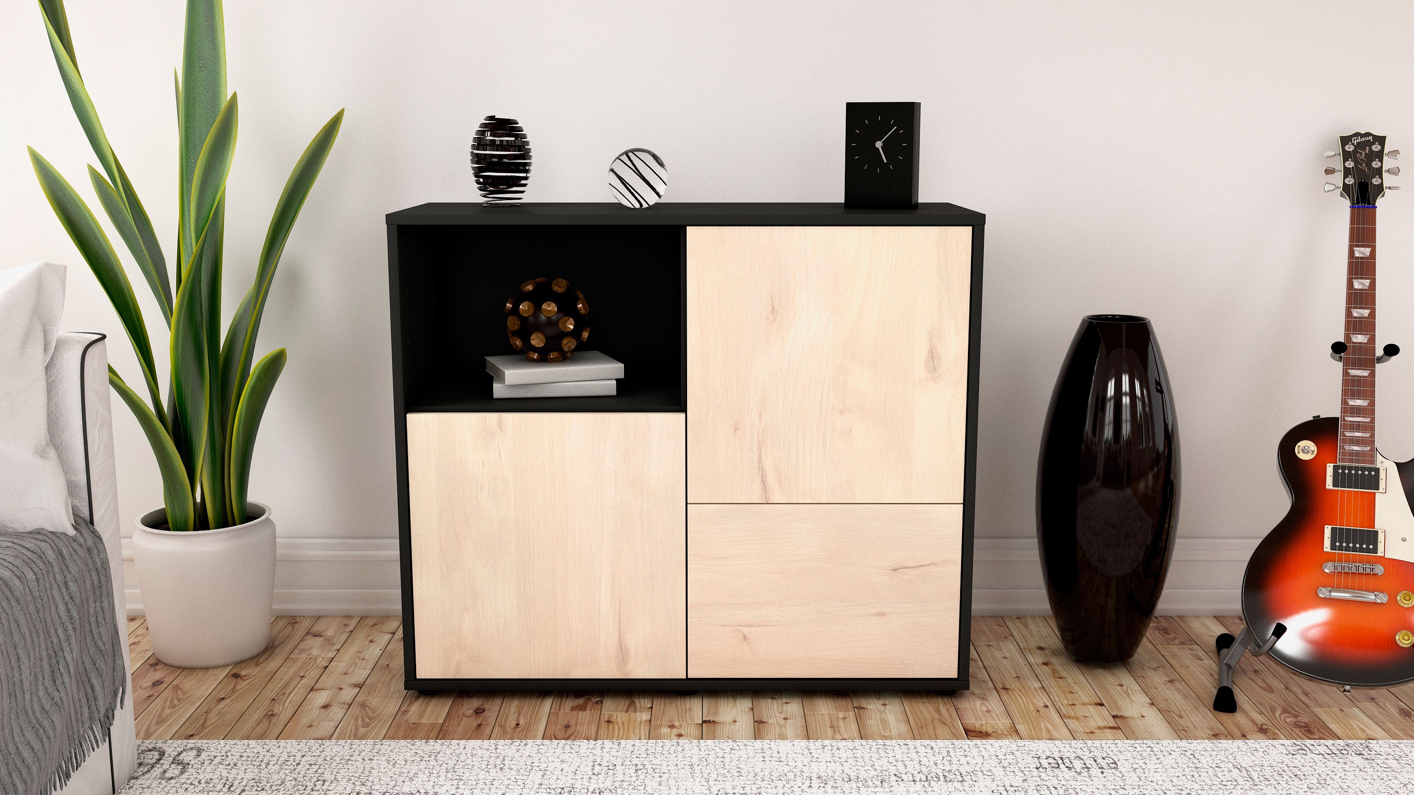 Sideboard - Carina - Design Holzdekor - Freistehend mit Push to open  92 cm Anthrazit