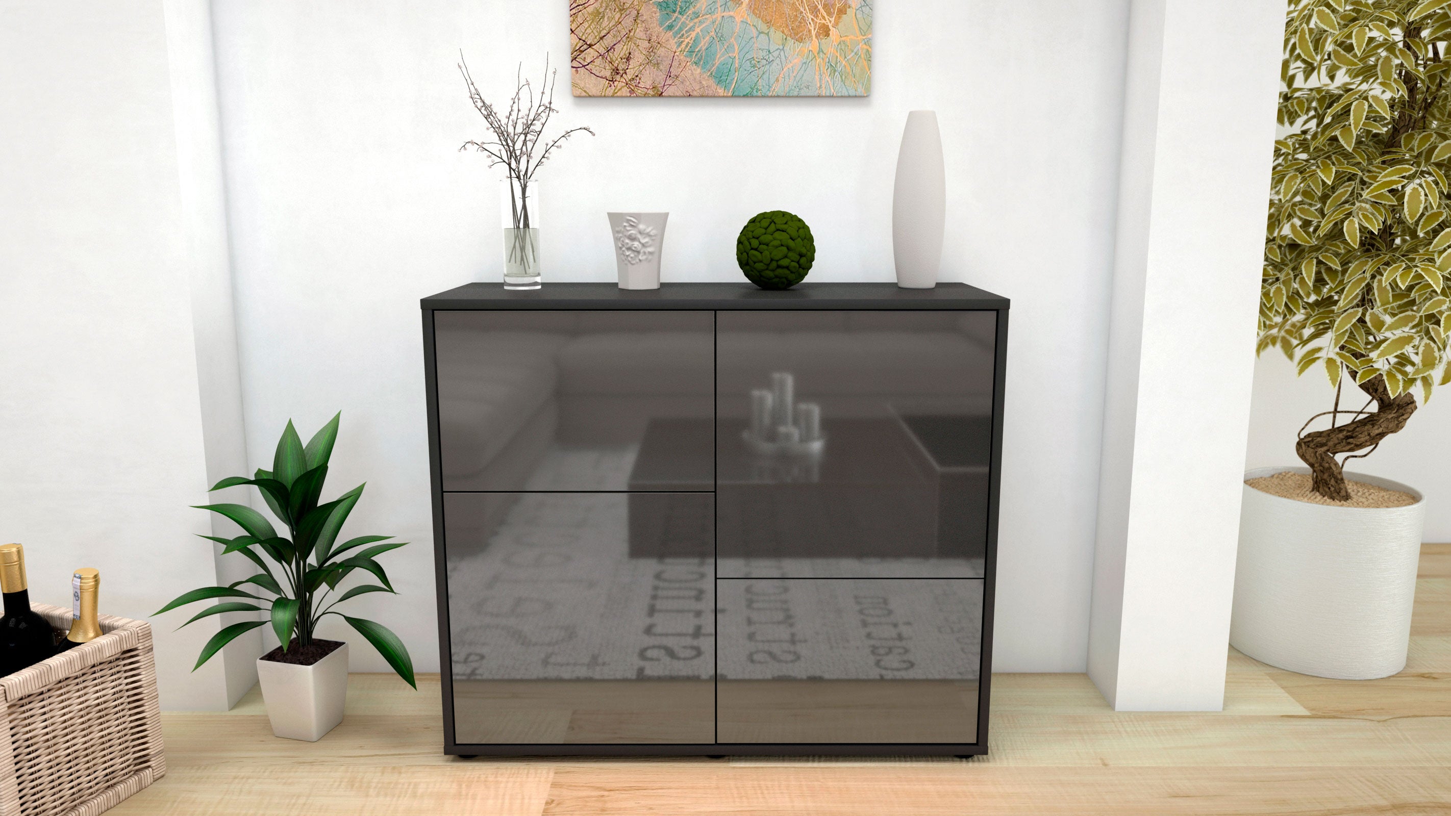 Sideboard - Carla - Design Hochglanz - Freistehend mit Push to open  92 cm Anthrazit