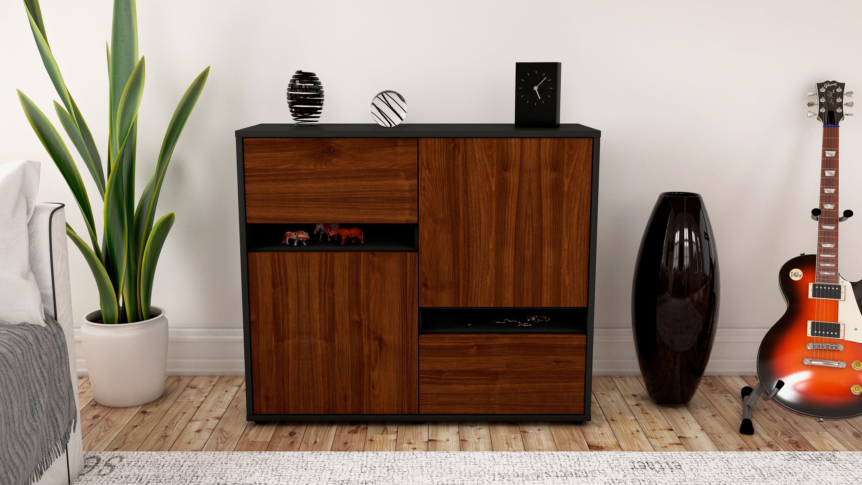 Sideboard - Carlotta - Design Holzdekor - Freistehend mit Push to open  92 cm Anthrazit