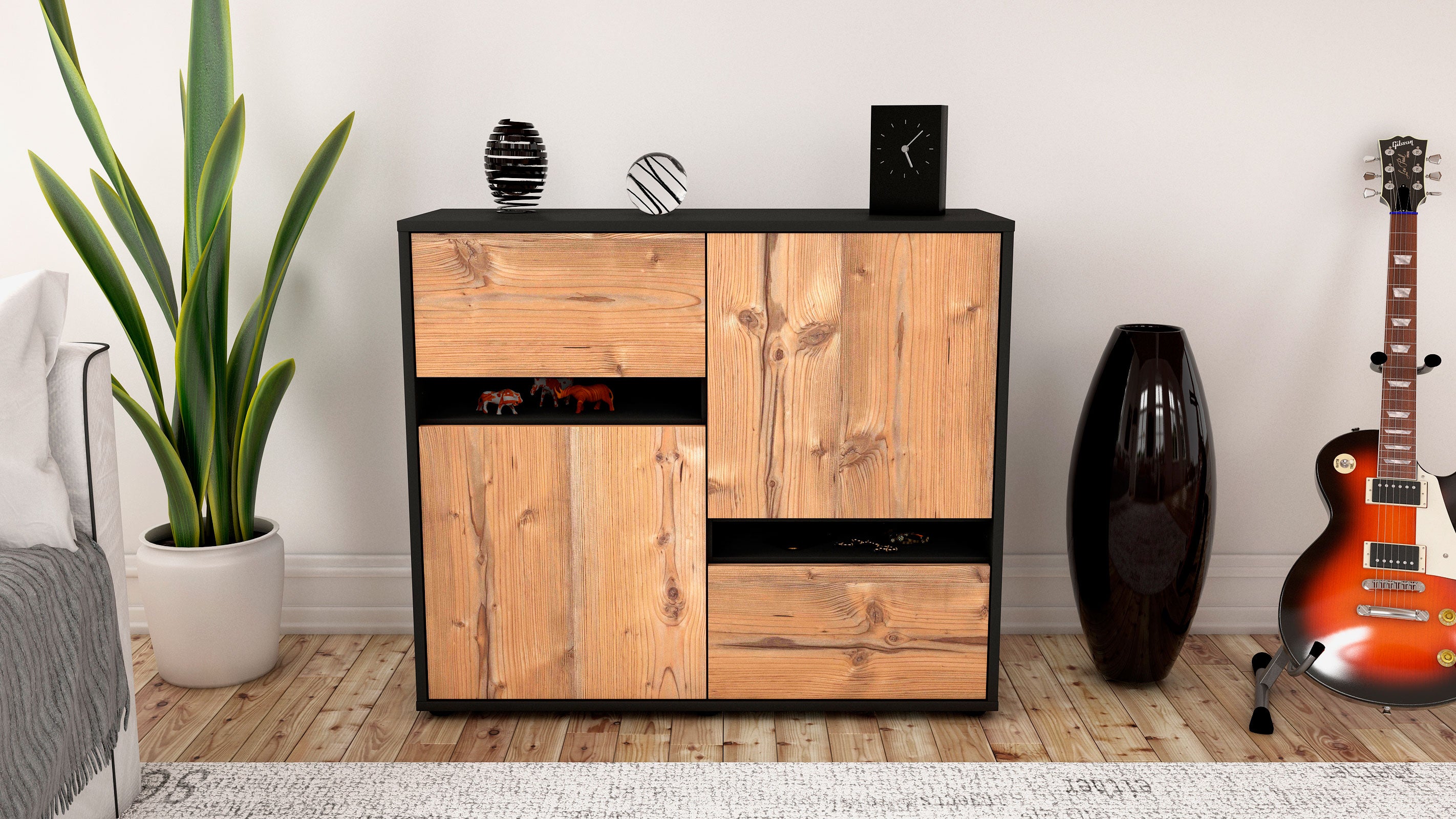 Sideboard - Carlotta - Design Holzdekor - Freistehend mit Push to open  92 cm Anthrazit