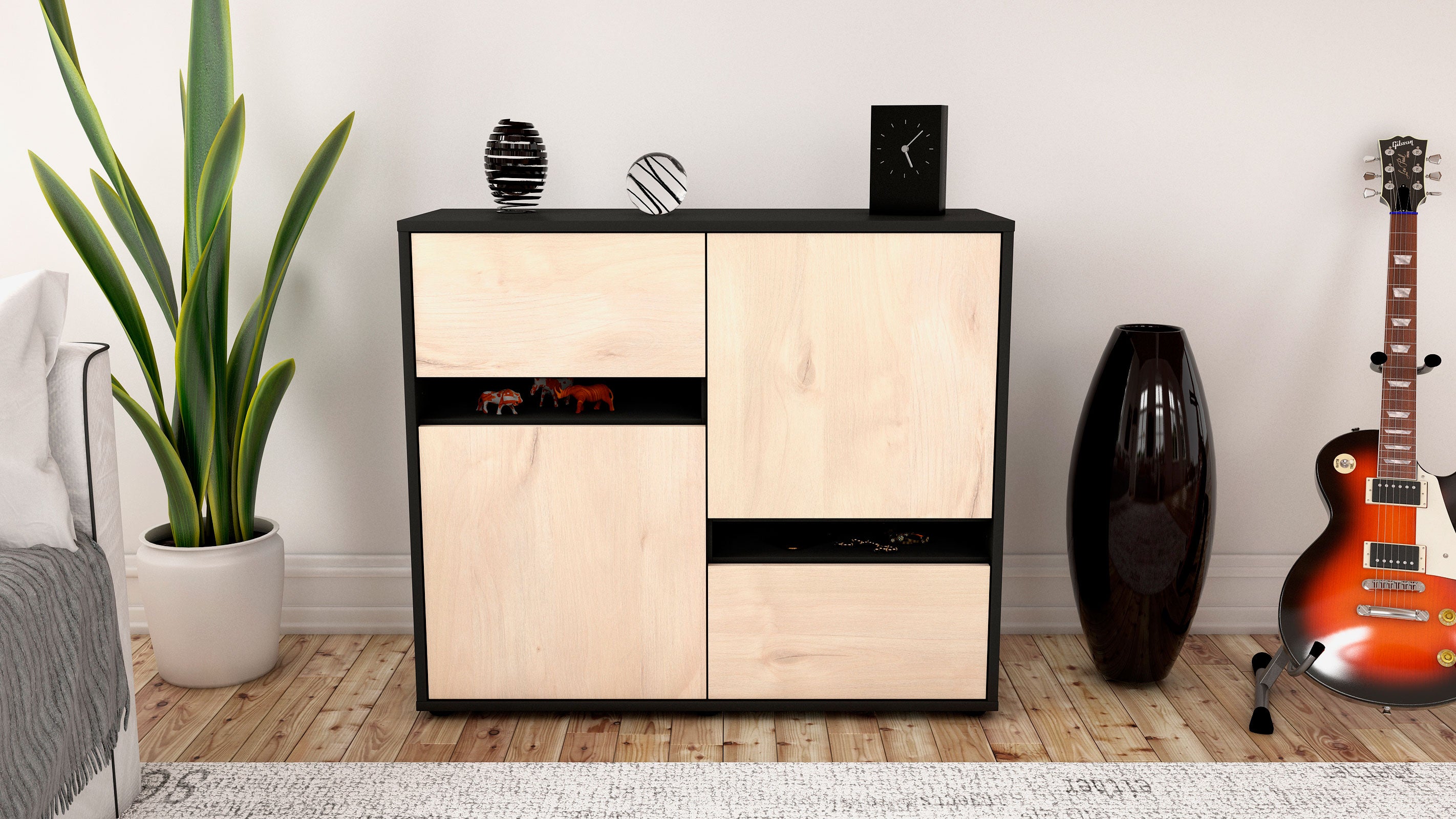 Sideboard - Carlotta - Design Holzdekor - Freistehend mit Push to open  92 cm Anthrazit