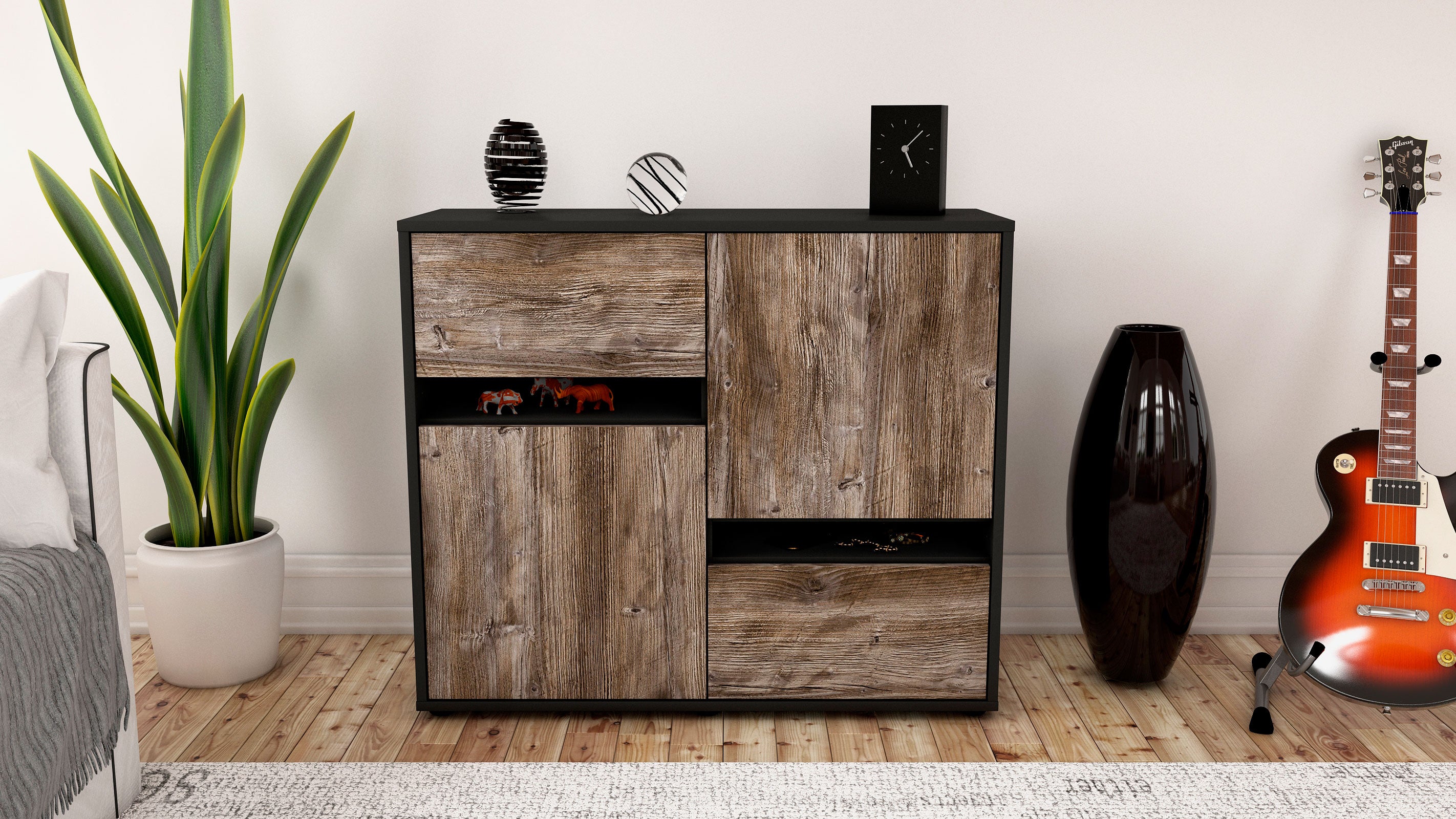 Sideboard - Carlotta - Design Holzdekor - Freistehend mit Push to open  92 cm Anthrazit